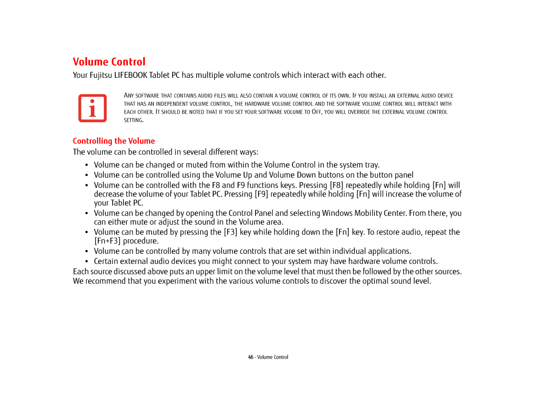 Fujitsu T902, FP1000, BTBK410000BAAAPP, KA02066D105 manual Volume Control, Controlling the Volume 