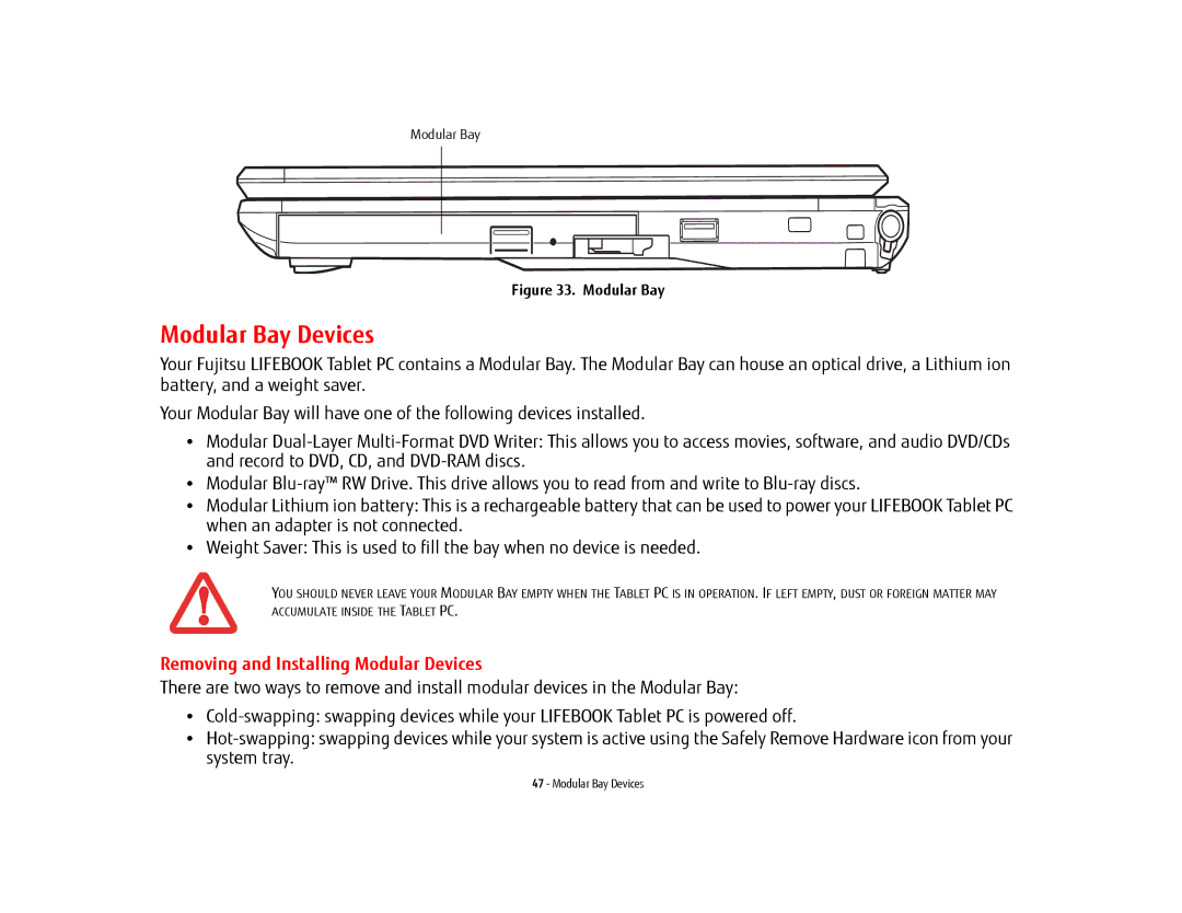 Fujitsu FP1000, T902, BTBK410000BAAAPP, KA02066D105 manual Modular Bay Devices, Removing and Installing Modular Devices 