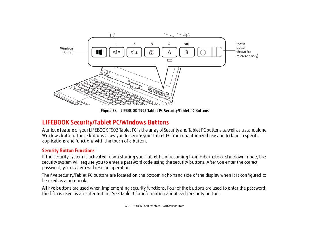 Fujitsu KA02066D105, T902, FP1000, BTBK410000BAAAPP Lifebook Security/Tablet PC/Windows Buttons, Security Button Functions 