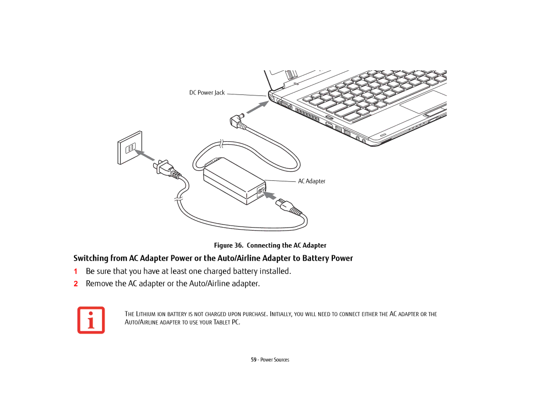 Fujitsu FP1000, T902, BTBK410000BAAAPP, KA02066D105 manual Connecting the AC Adapter 