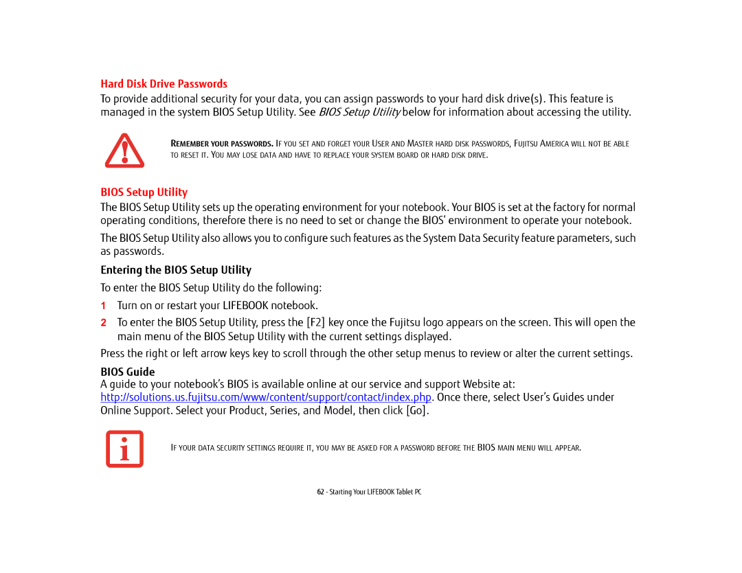 Fujitsu T902, FP1000, BTBK410000BAAAPP manual Hard Disk Drive Passwords, Entering the Bios Setup Utility, Bios Guide 