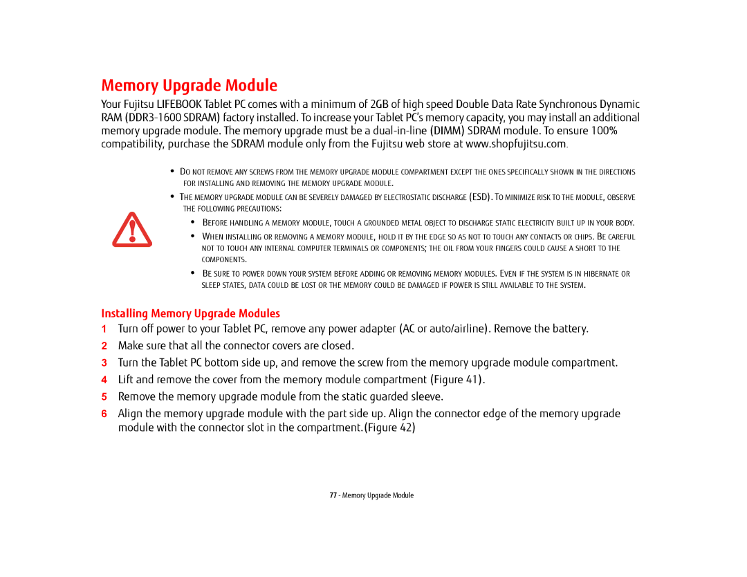 Fujitsu KA02066D105, T902, FP1000, BTBK410000BAAAPP manual Installing Memory Upgrade Modules 