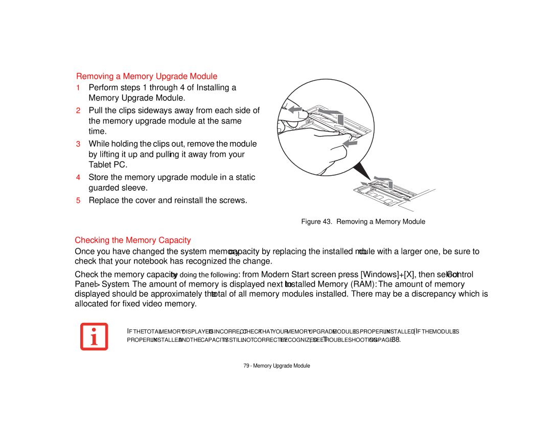 Fujitsu FP1000, T902, BTBK410000BAAAPP, KA02066D105 manual Removing a Memory Upgrade Module, Checking the Memory Capacity 