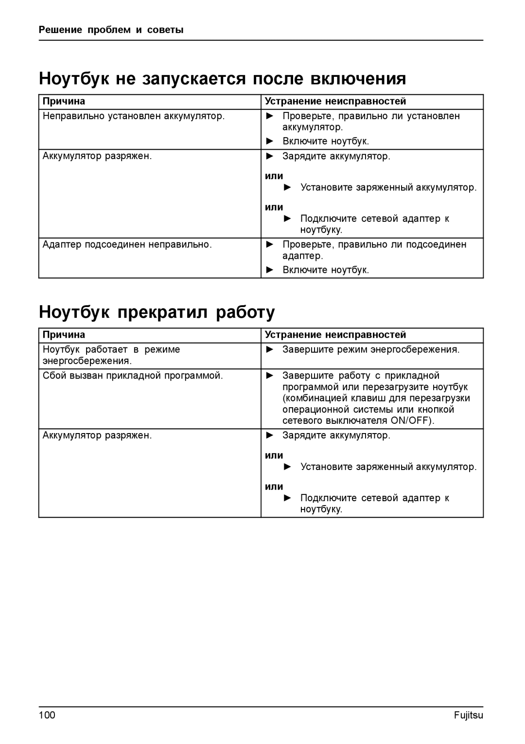 Fujitsu T904 manual Ноутбук не запускается после включения, Ноутбук прекратил работу 