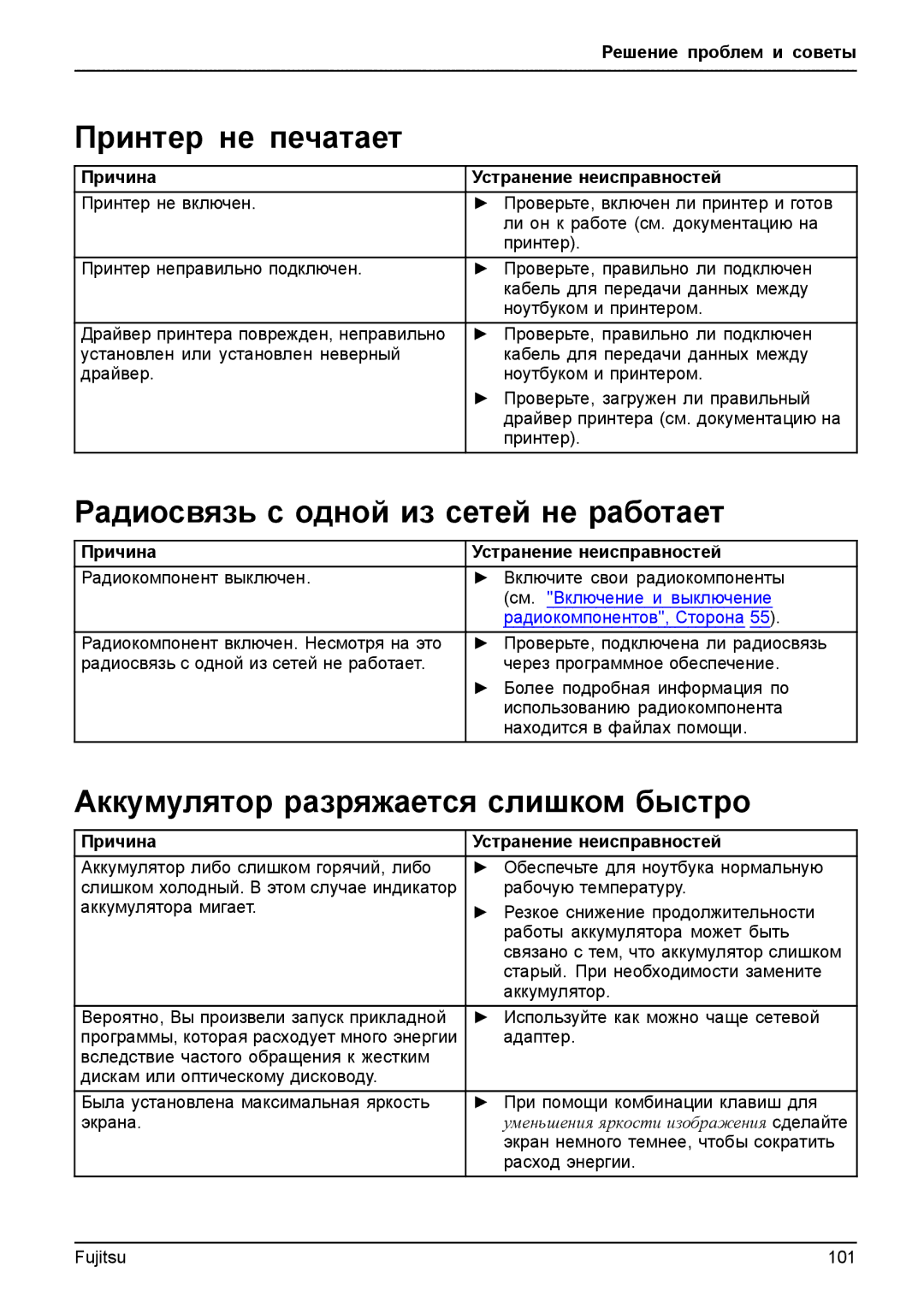 Fujitsu T904 manual Принтер не печатает, Радиосвязь с одной из сетей не работает, Аккумулятор разряжается слишком быстро 