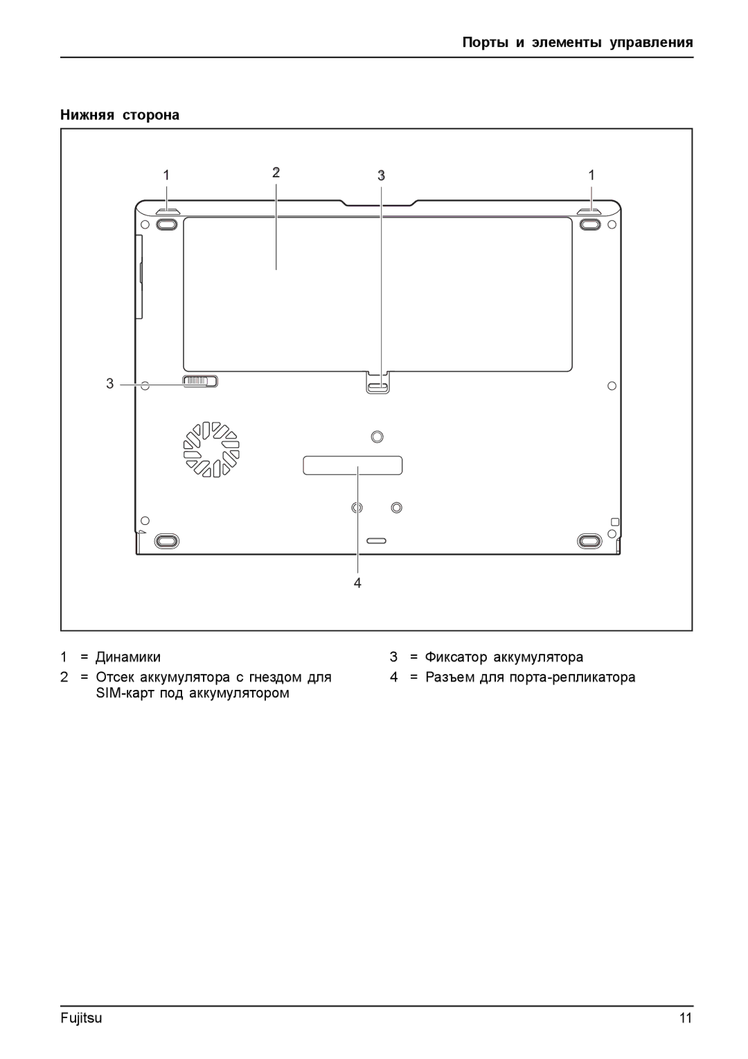 Fujitsu T904 manual Порты и элементы управления Нижняя сторона 