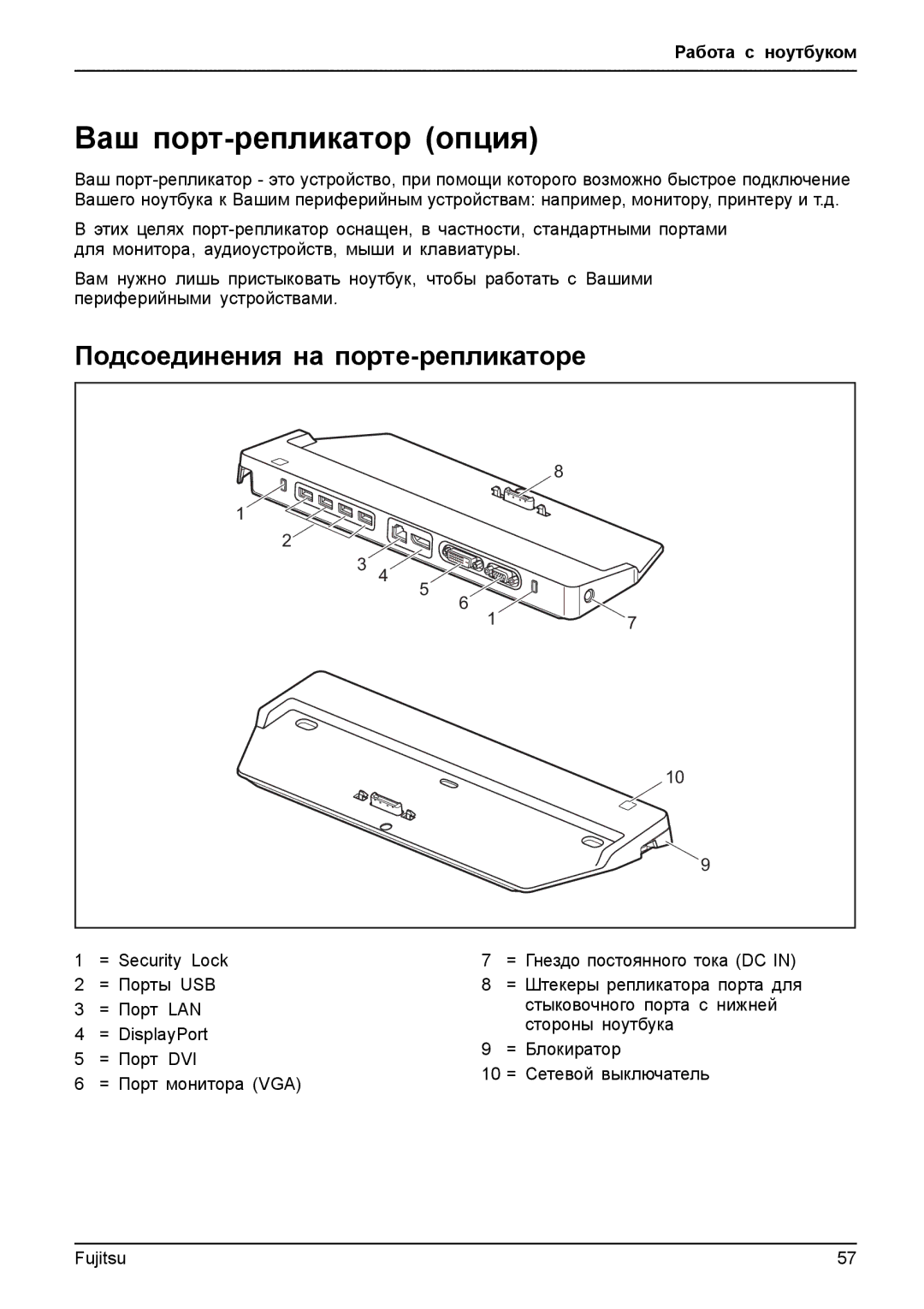 Fujitsu T904 manual Ваш порт-репликатор опция, Подсоединения на порте-репликаторе 