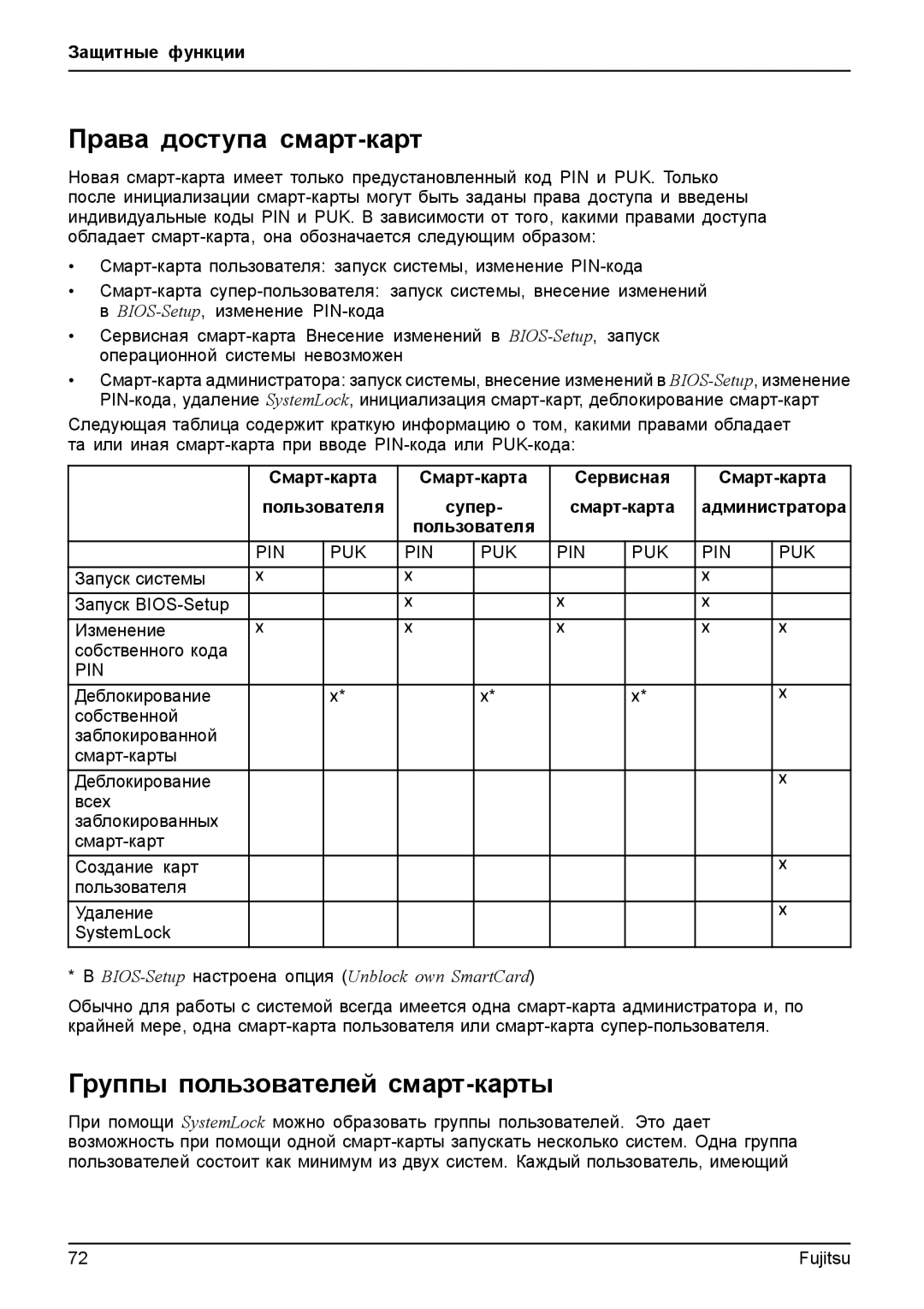 Fujitsu T904 manual Права доступа смарт-карт, Группы пользователей смарт-карты, Смарт-карта Сервисная 