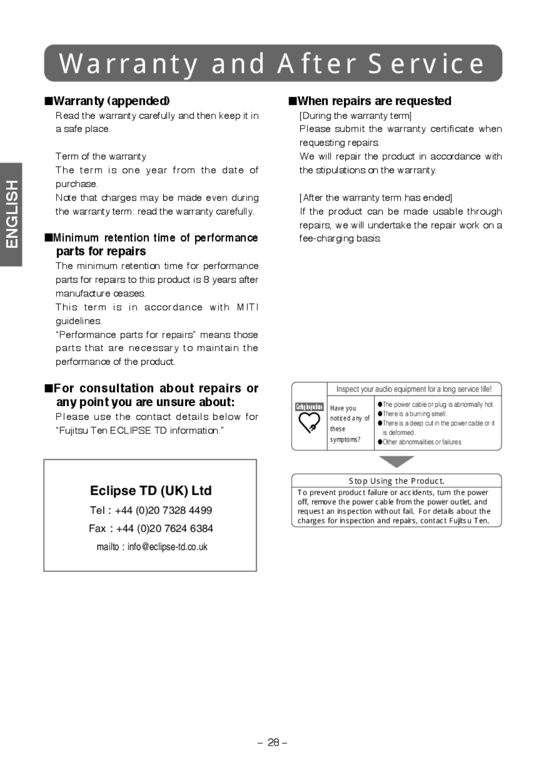 Fujitsu TD725SW instruction manual Warranty and After Service 