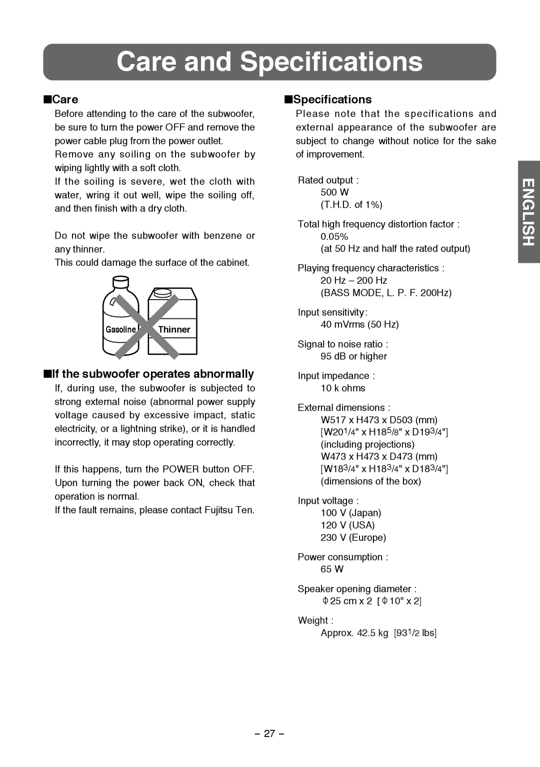 Fujitsu TD725SW instruction manual Care and Specifications, If the subwoofer operates abnormally, English 