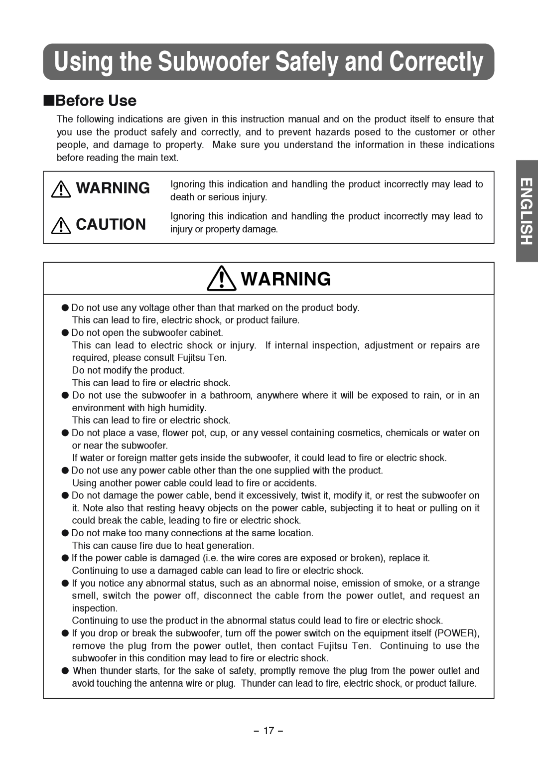 Fujitsu TD725SW instruction manual Before Use, Using the Subwoofer Safely and Correctly, English 