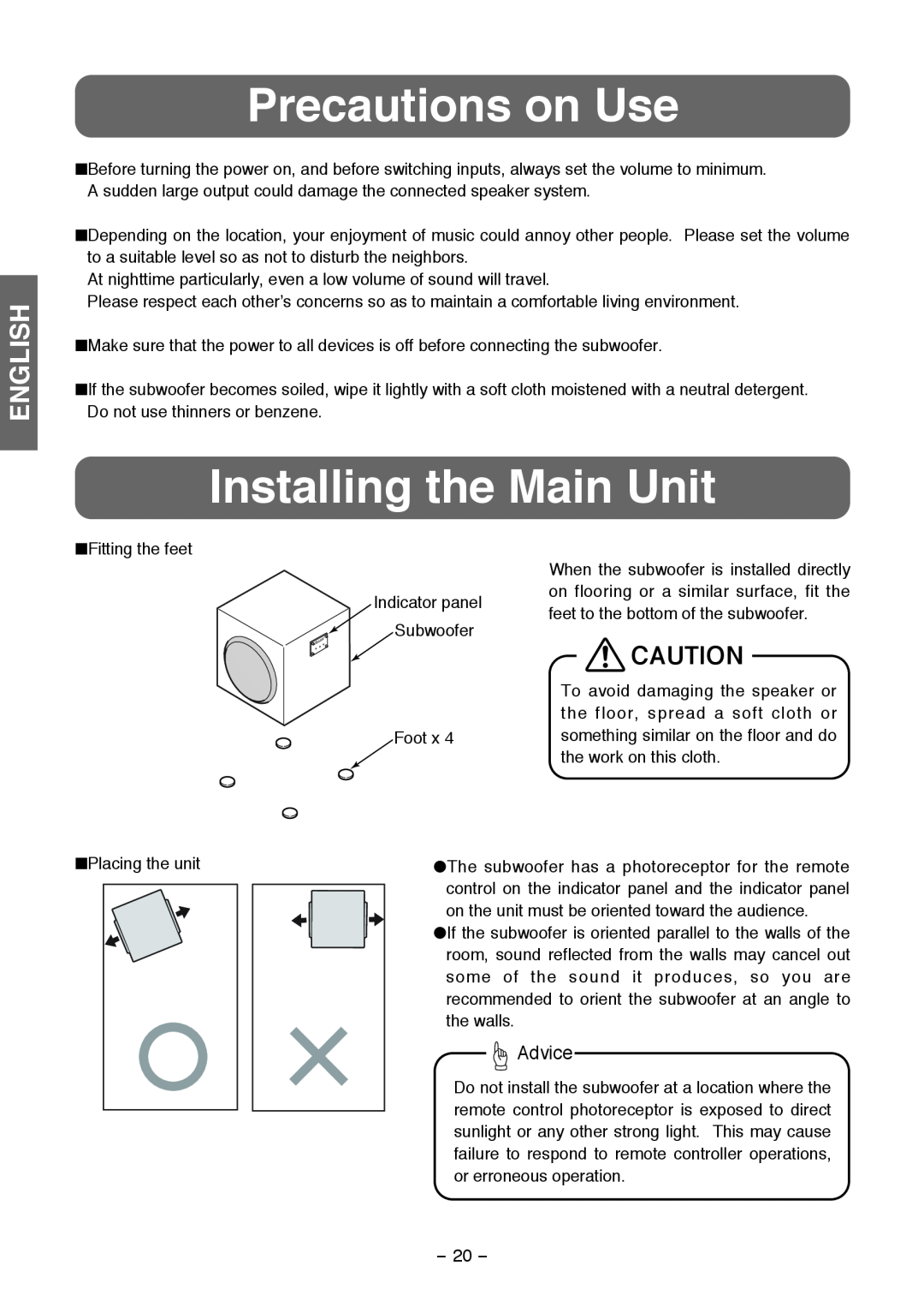 Fujitsu TD725SW instruction manual Precautions on Use, Installing the Main Unit, English, Advice 