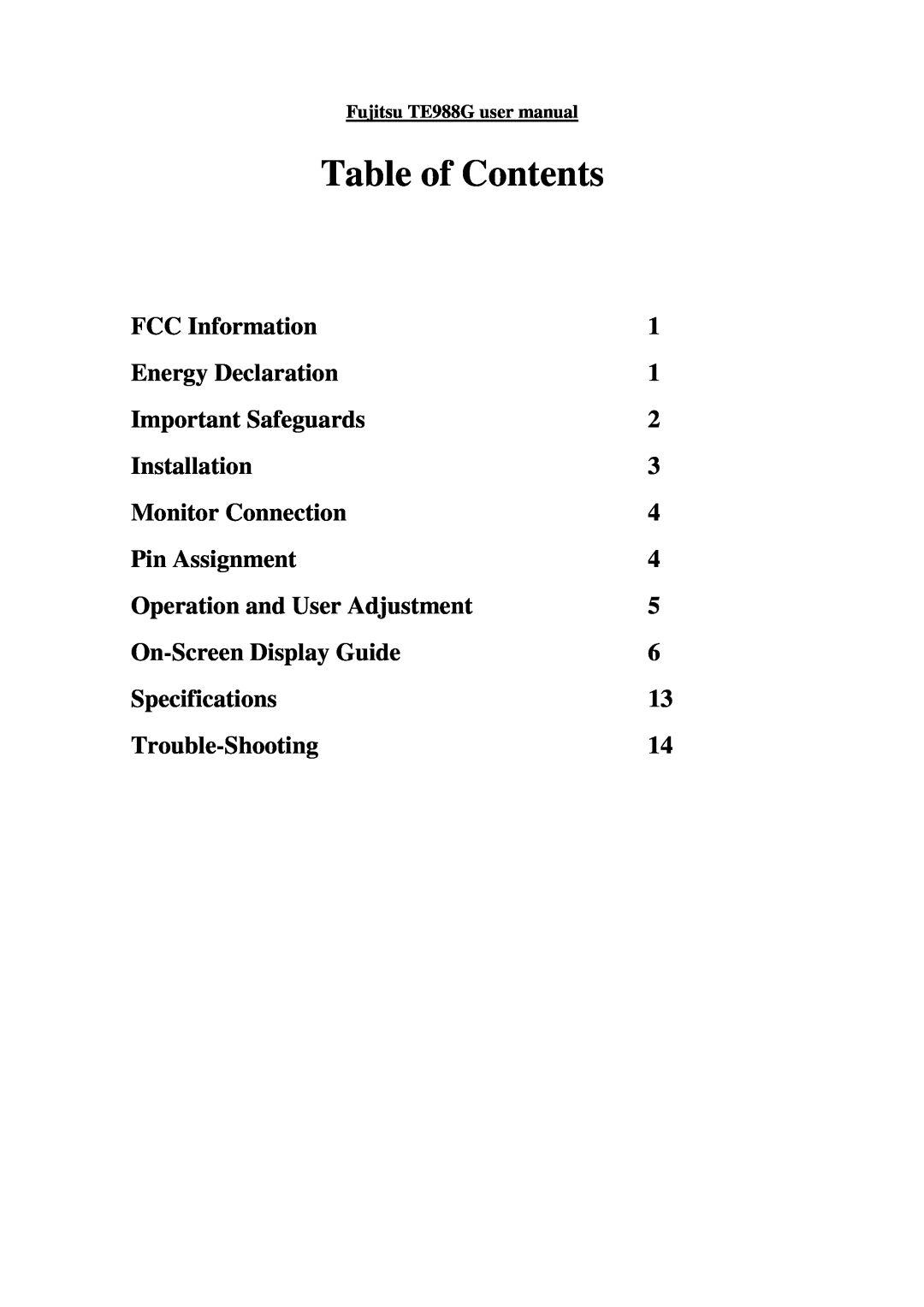 Fujitsu TE988G user manual Table of Contents 