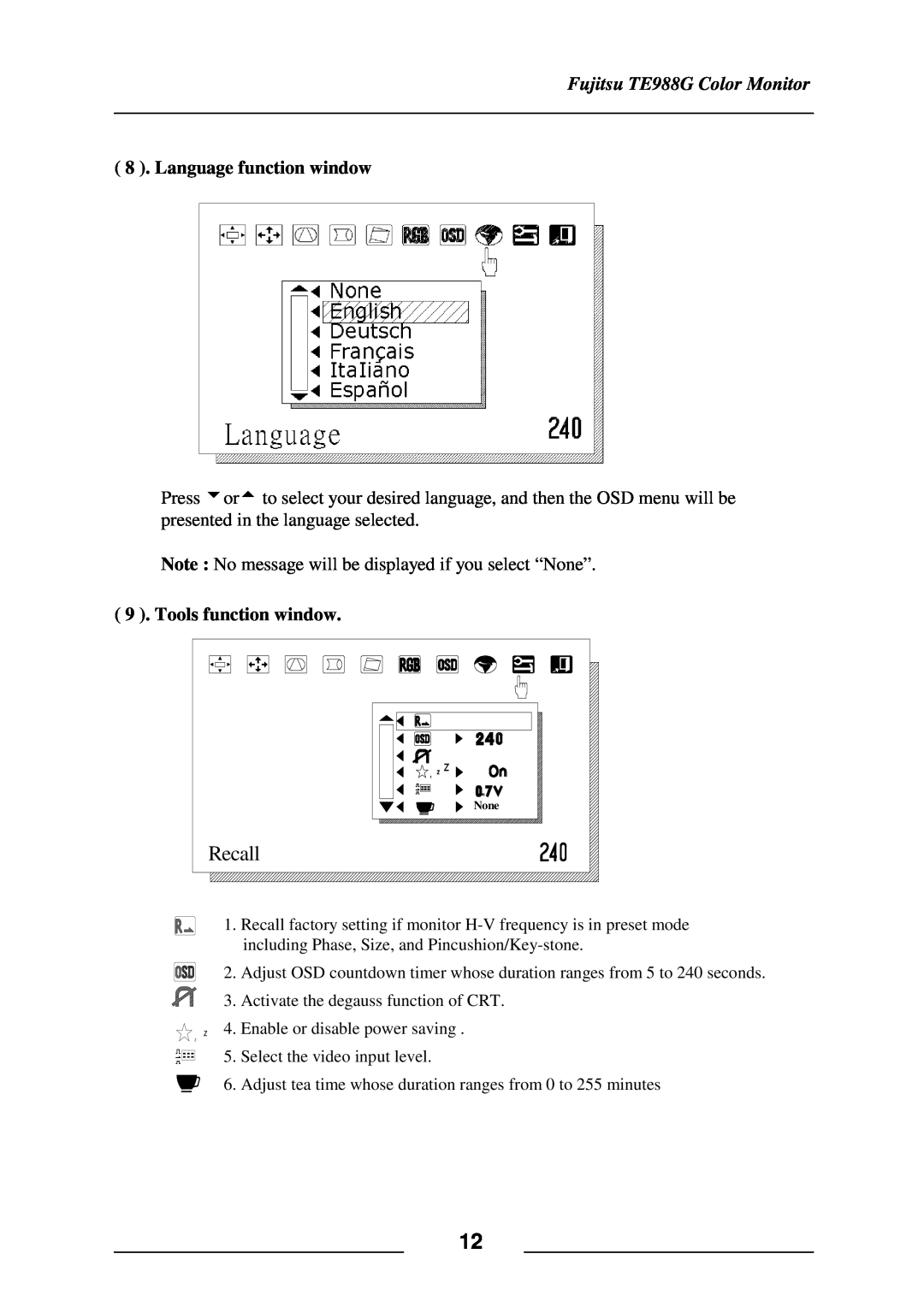 Fujitsu user manual Recall, Fujitsu TE988G Color Monitor, Language function window, Tools function window 