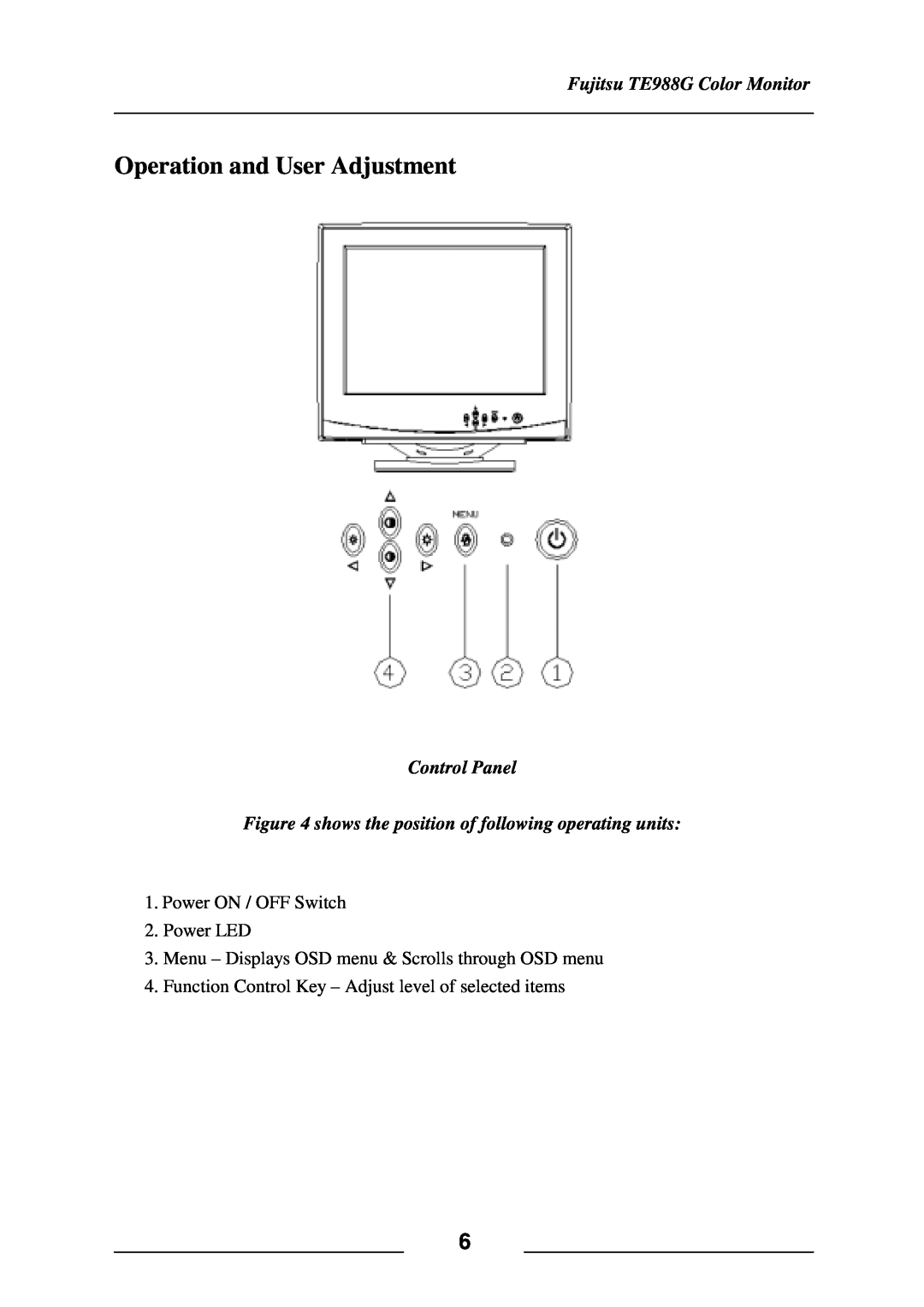 Fujitsu Operation and User Adjustment, Fujitsu TE988G Color Monitor, Control Panel, Power ON / OFF Switch 2. Power LED 