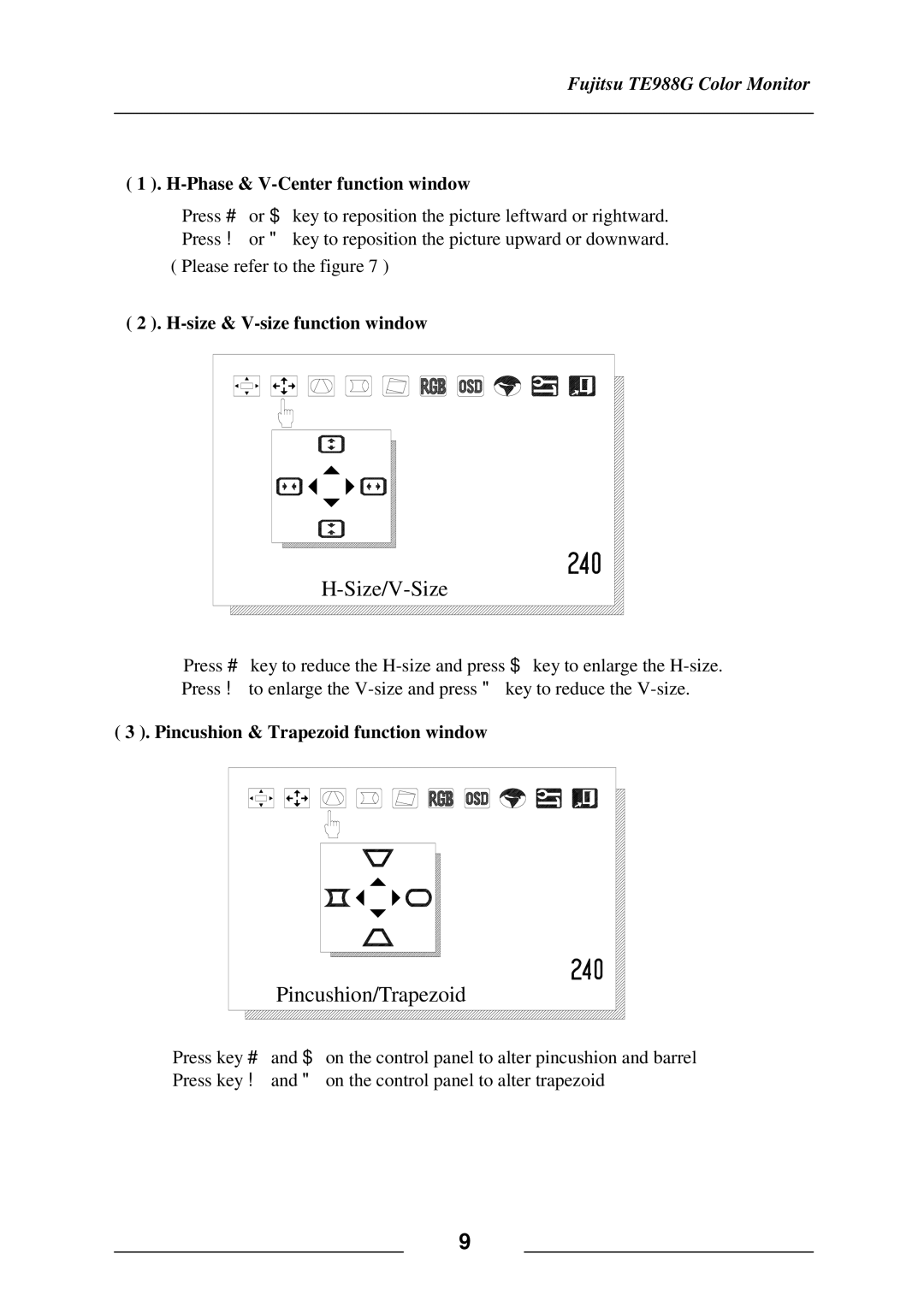 Fujitsu TE988G Phase & V-Center function window, Size & V-size function window, Pincushion & Trapezoid function window 