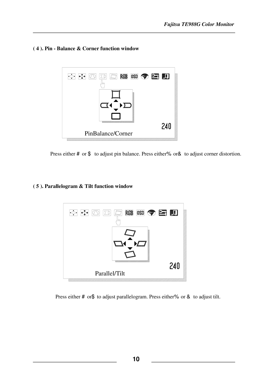 Fujitsu TE988G user manual Pin Balance & Corner function window, Parallelogram & Tilt function window 