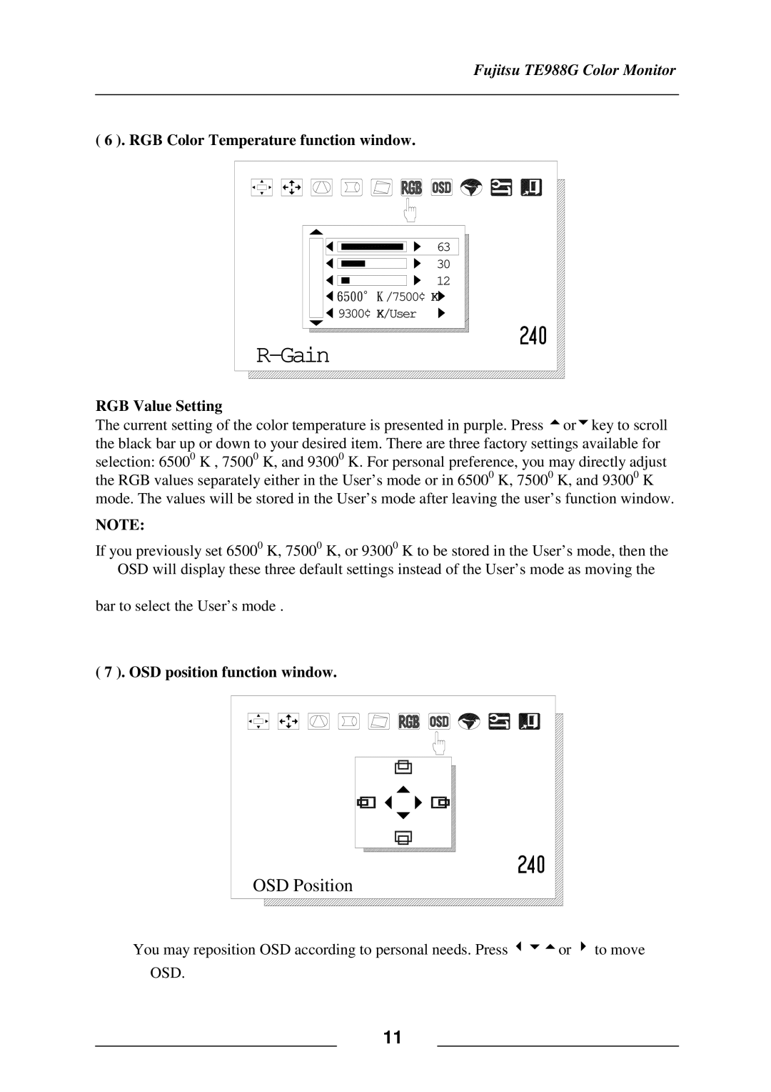 Fujitsu TE988G user manual RGB Color Temperature function window, RGB Value Setting, OSD position function window 