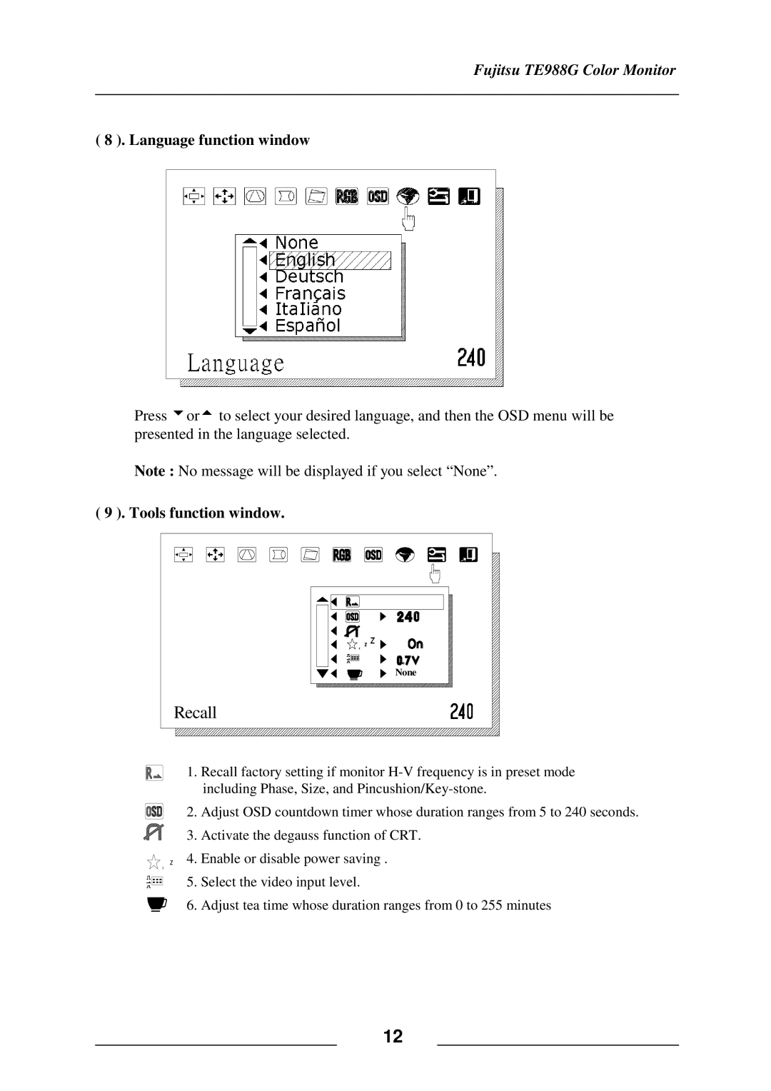 Fujitsu TE988G user manual Language function window, Tools function window 