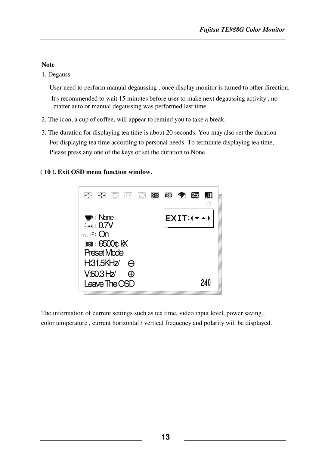 Fujitsu TE988G user manual V60.3 Hz, Exit OSD menu function window 