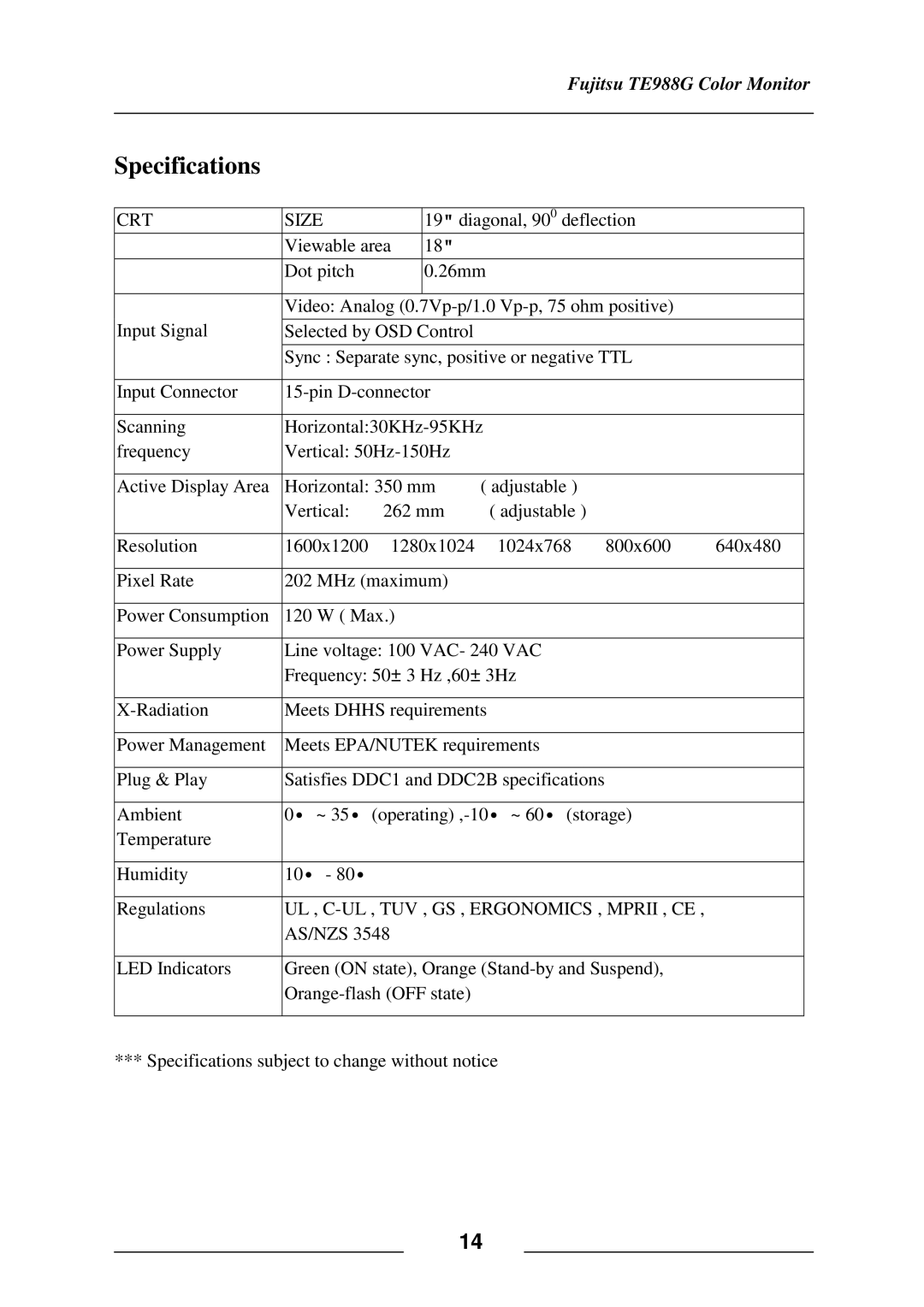 Fujitsu TE988G user manual CRT Size 