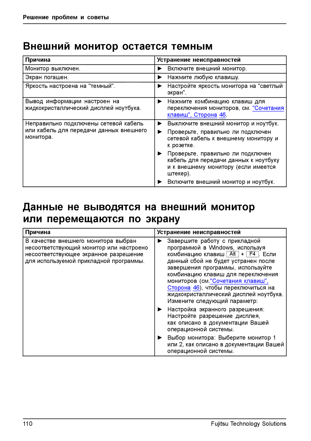 Fujitsu TH700 manual Внешний монитор остается темным, Мониторов см.Сочетания клавиш 