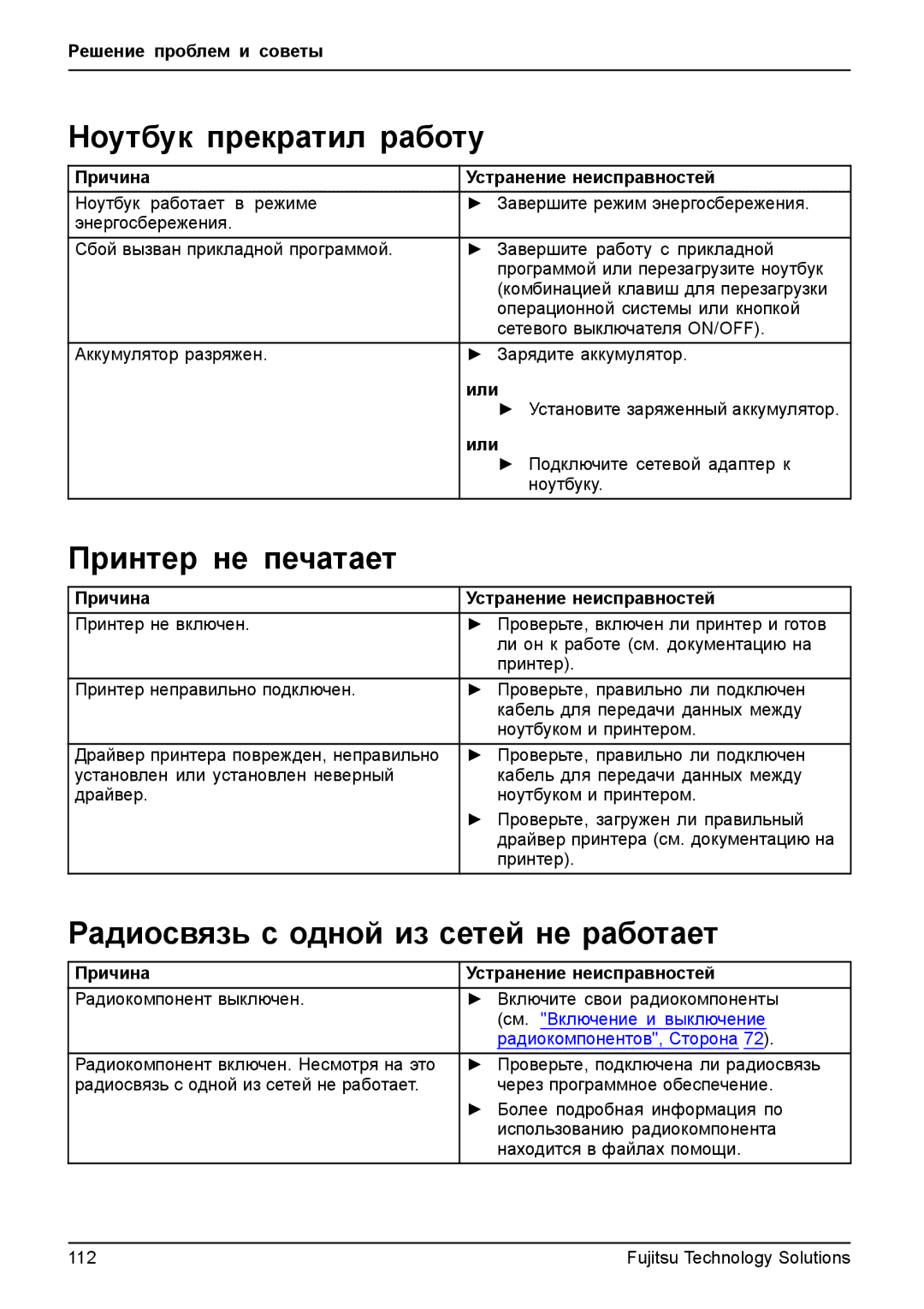 Fujitsu TH700 manual Ноутбук прекратил работу, Принтер не печатает, Радиосвязь с одной из сетей не работает 