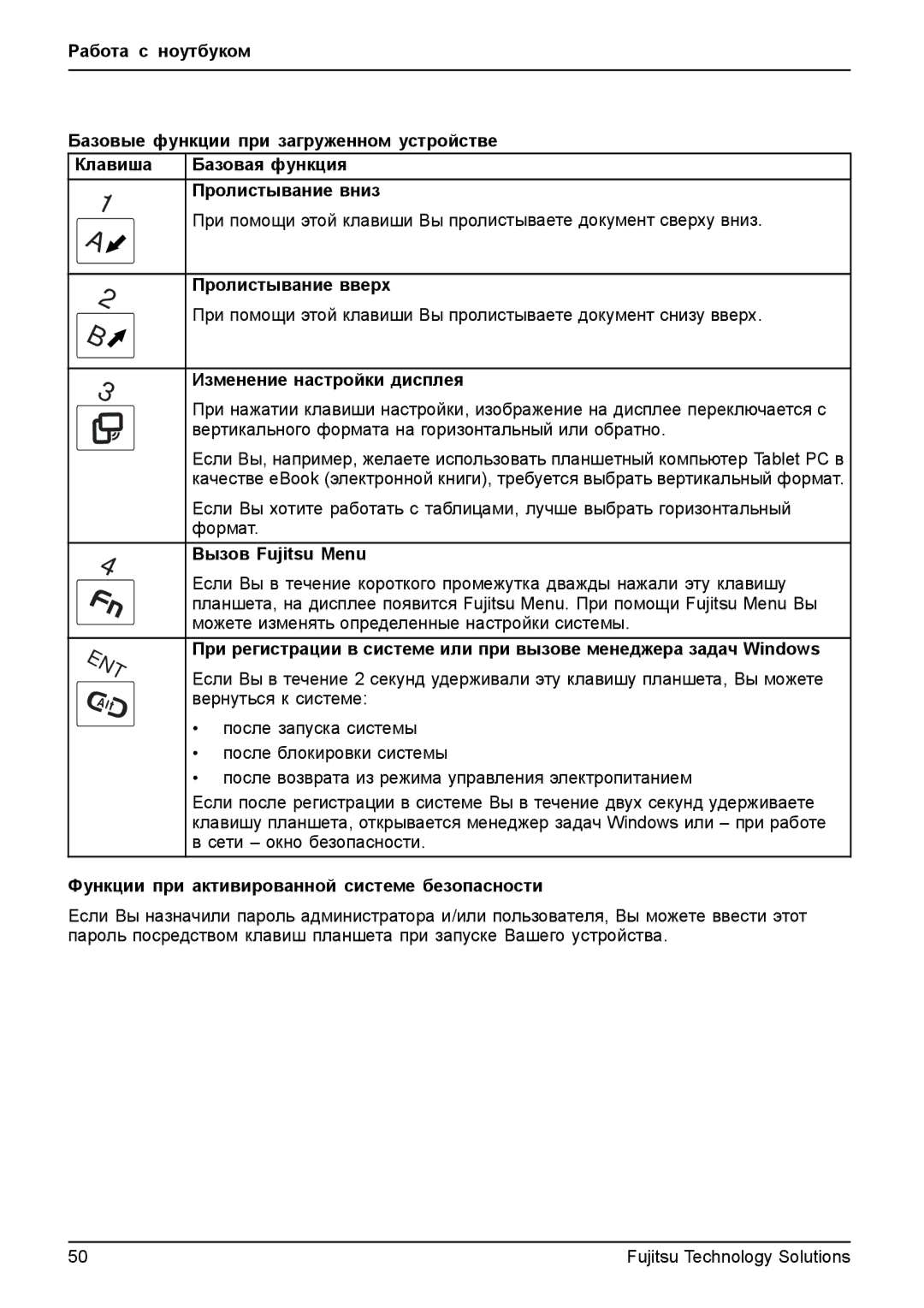 Fujitsu TH700 manual Вызов Fujitsu Menu, Функции при активированной системе безопасности 