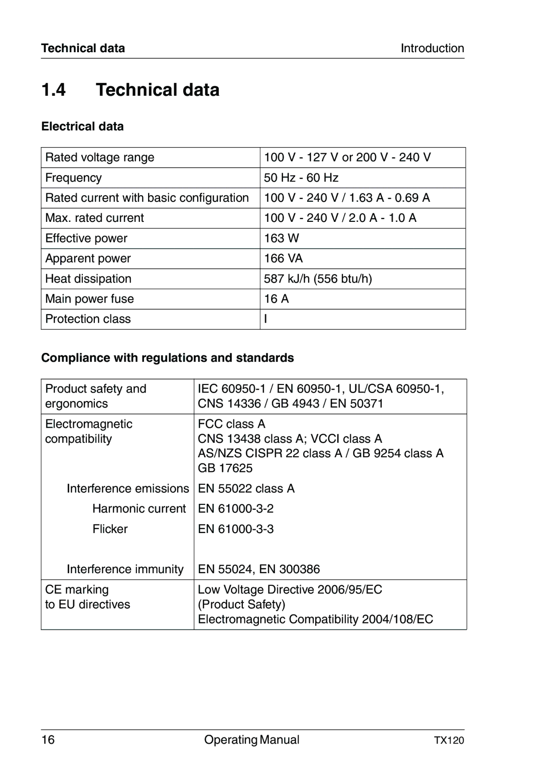 Fujitsu TX120 manual Technical data, Electrical data, Compliance with regulations and standards 