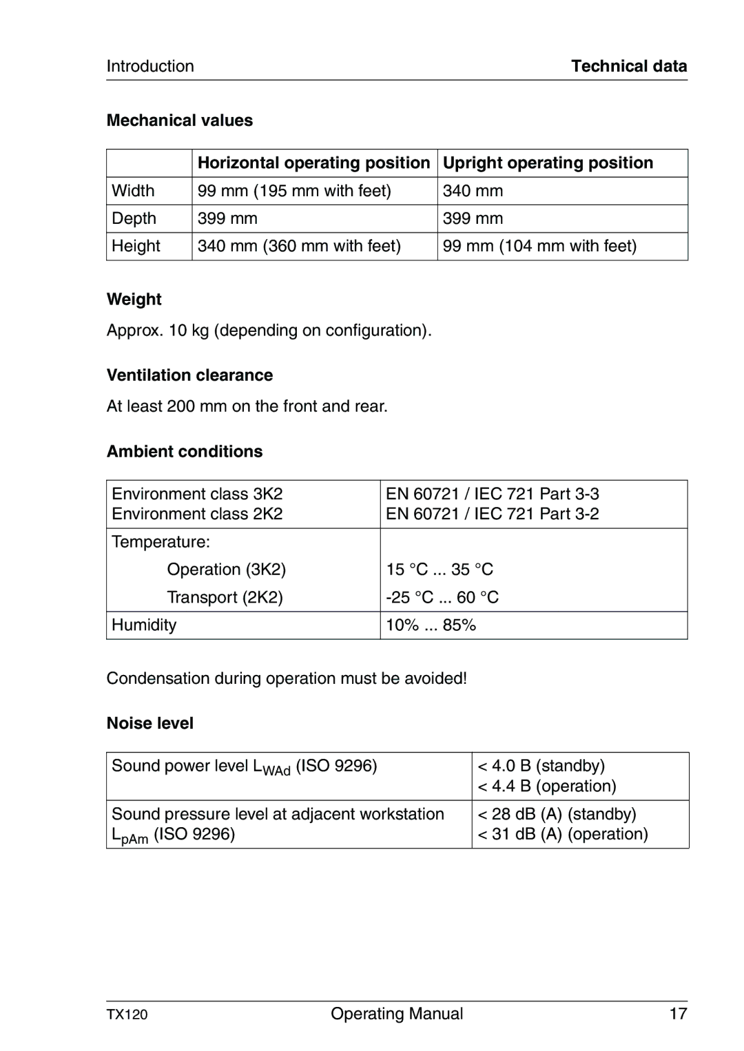 Fujitsu TX120 manual Mechanical values, Upright operating position, Weight, Ventilation clearance, Ambient conditions 