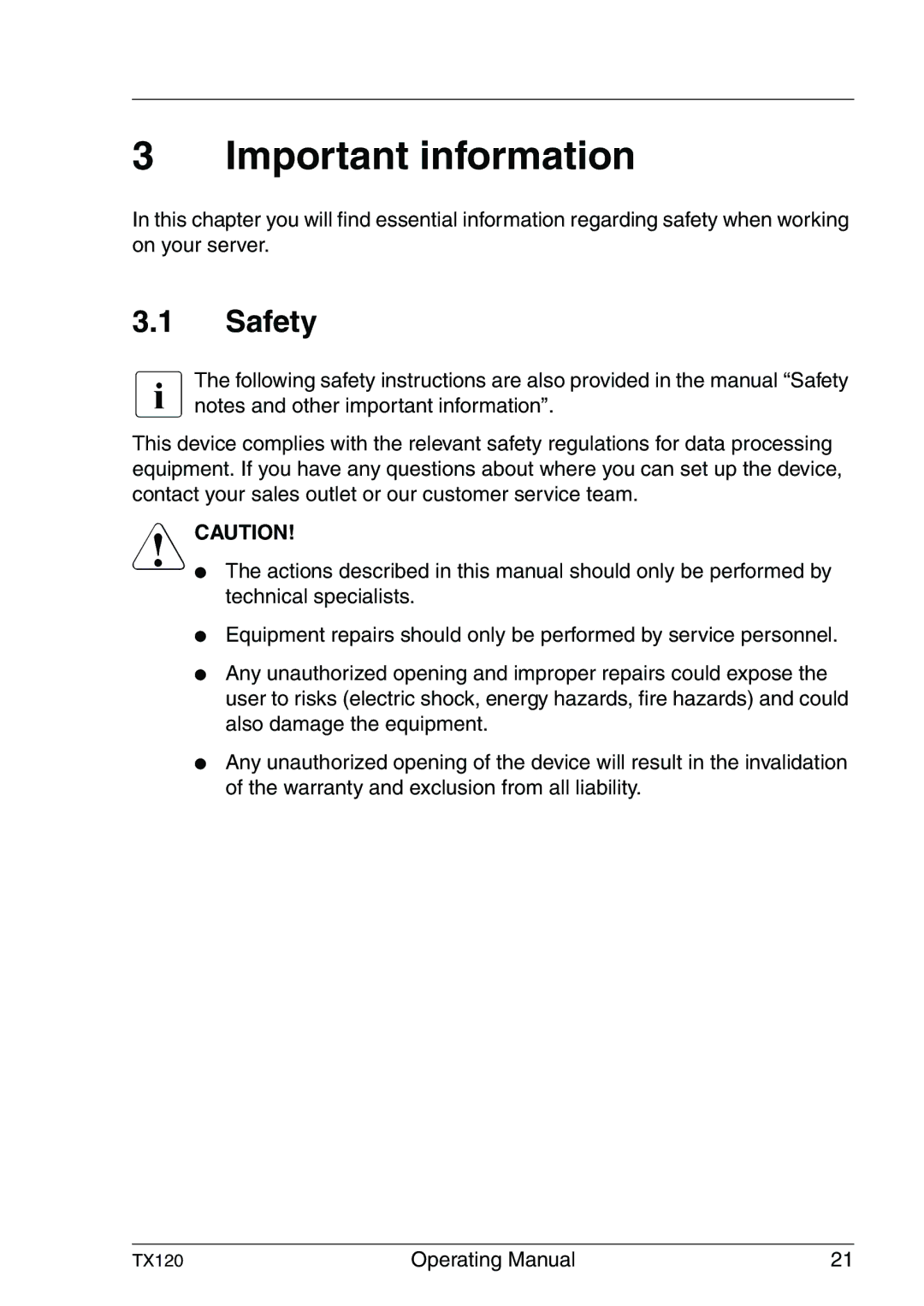 Fujitsu TX120 manual Important information, Safety 