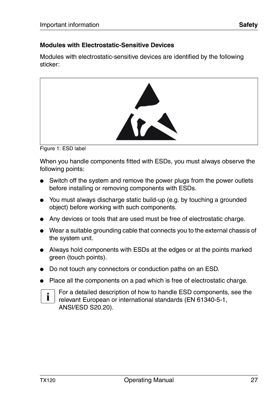 Fujitsu TX120 manual Modules with Electrostatic-Sensitive Devices, ESD label 