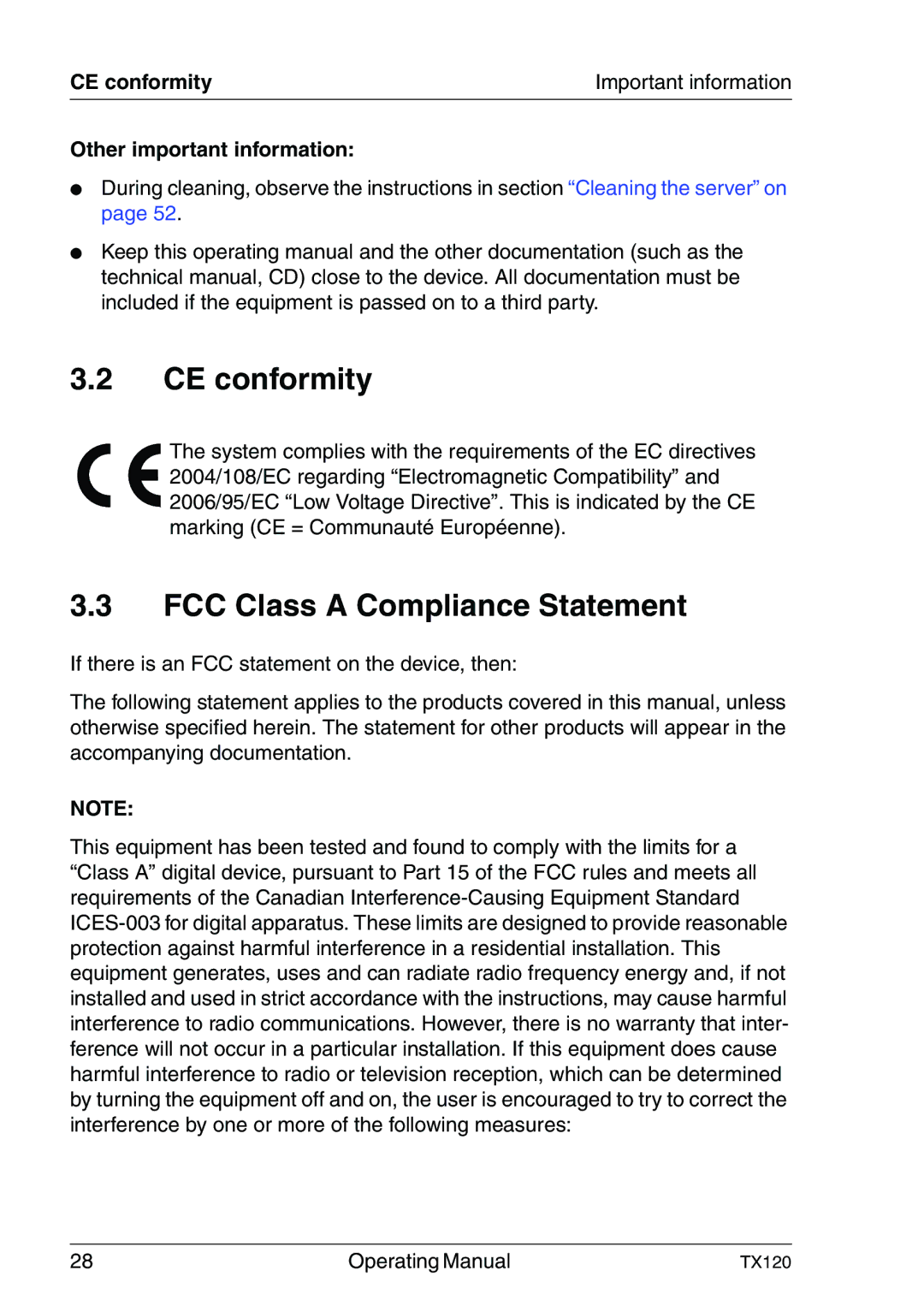 Fujitsu TX120 manual CE conformity, FCC Class a Compliance Statement, Other important information 