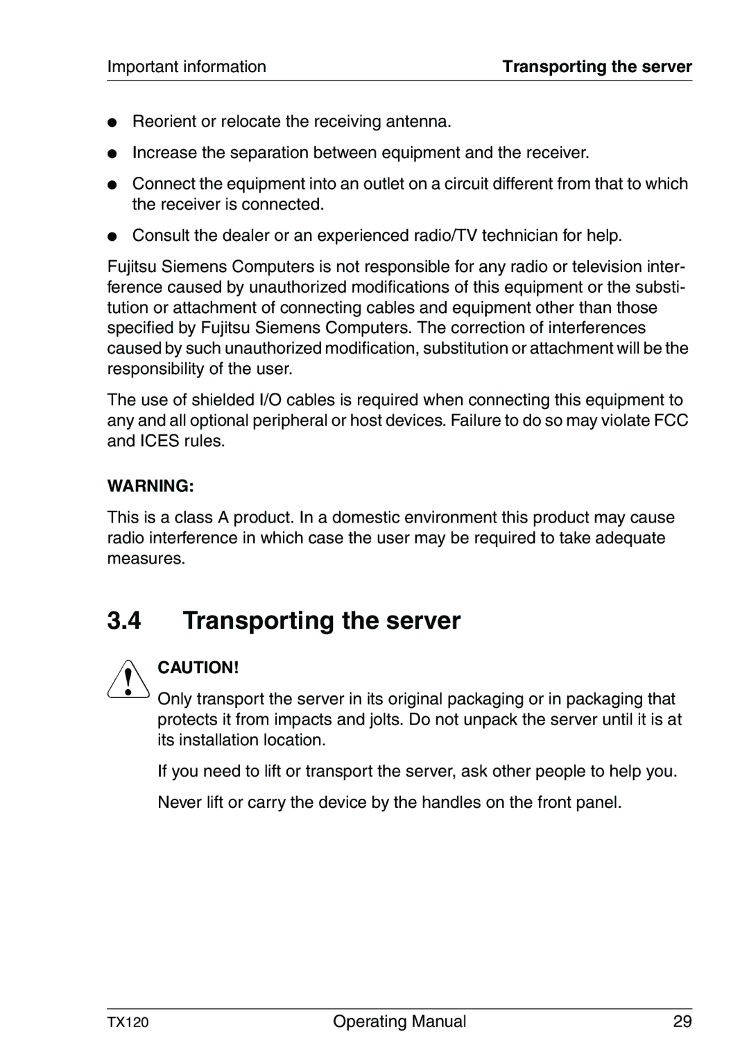 Fujitsu TX120 manual Transporting the server 