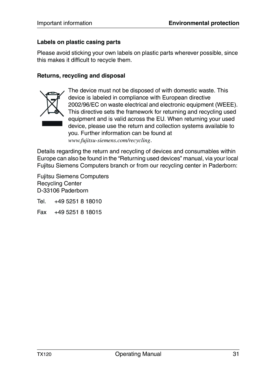 Fujitsu TX120 manual Labels on plastic casing parts, Returns, recycling and disposal 