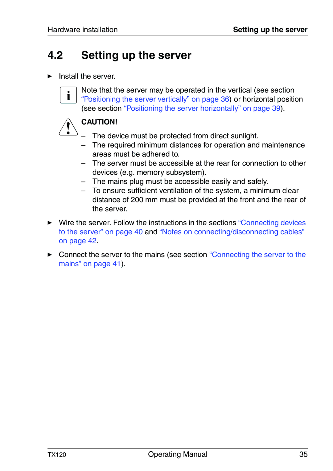 Fujitsu TX120 manual Setting up the server, Hardware installation 