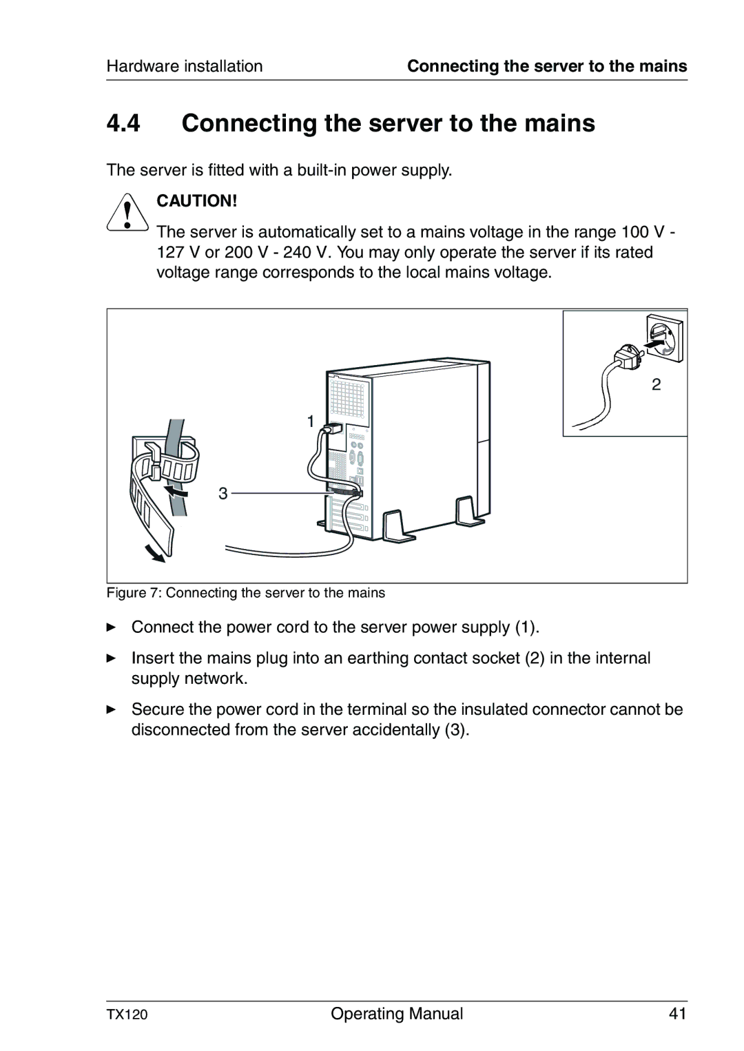 Fujitsu TX120 manual Connecting the server to the mains 