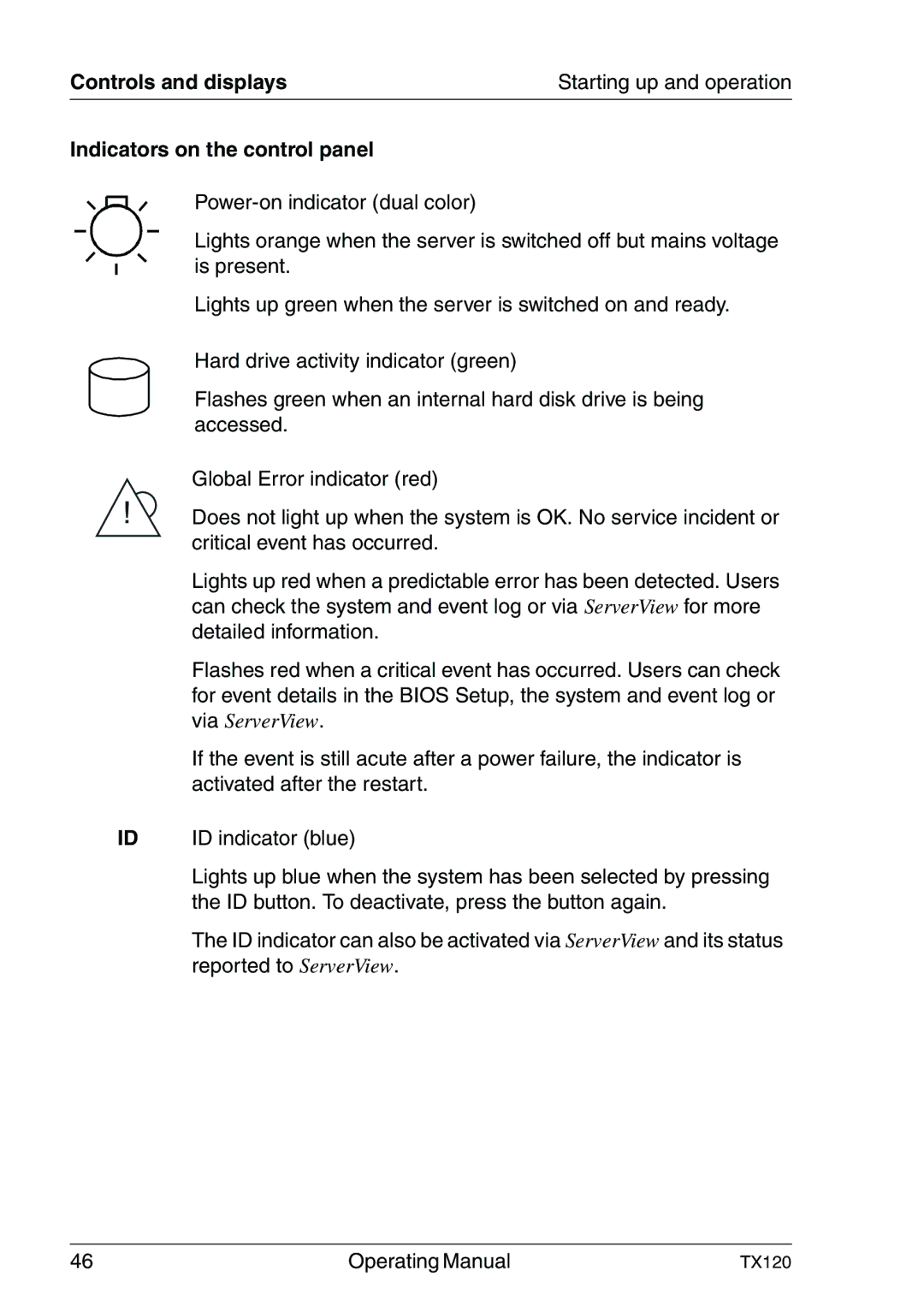 Fujitsu TX120 manual Indicators on the control panel 