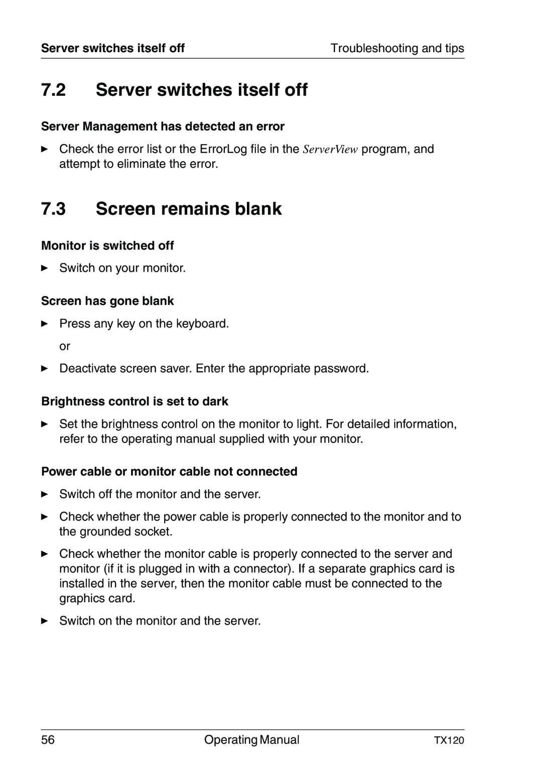 Fujitsu TX120 manual Server switches itself off, Screen remains blank 