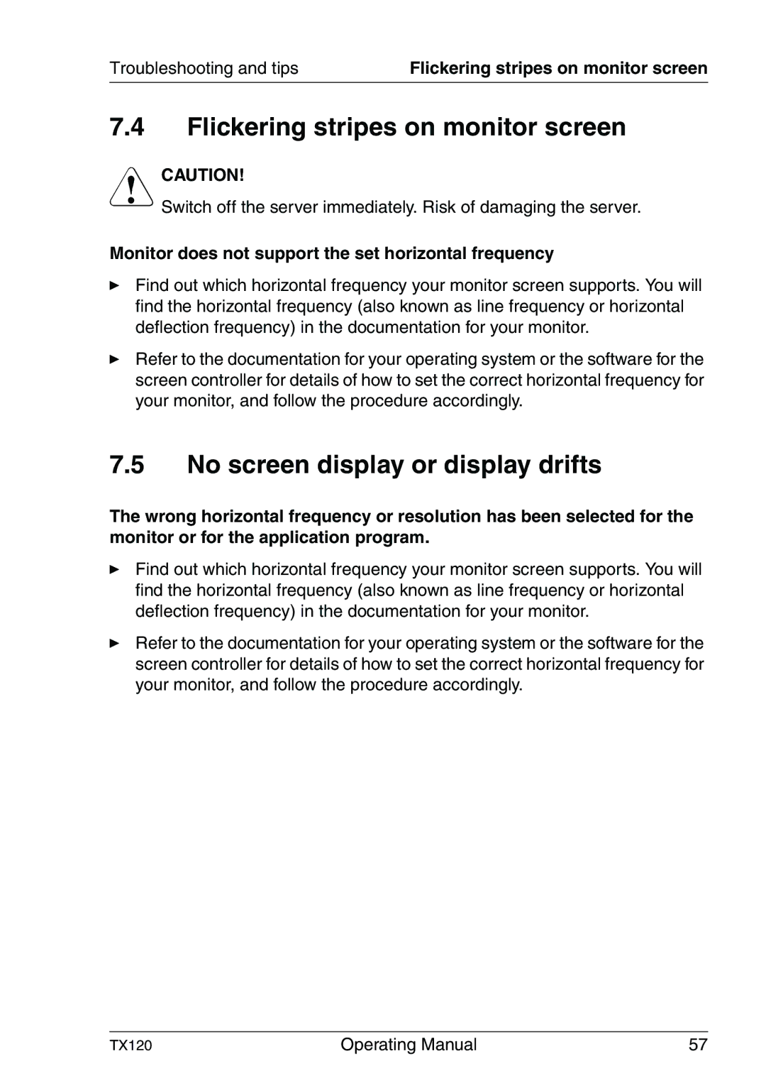 Fujitsu TX120 manual Flickering stripes on monitor screen, No screen display or display drifts, Troubleshooting and tips 