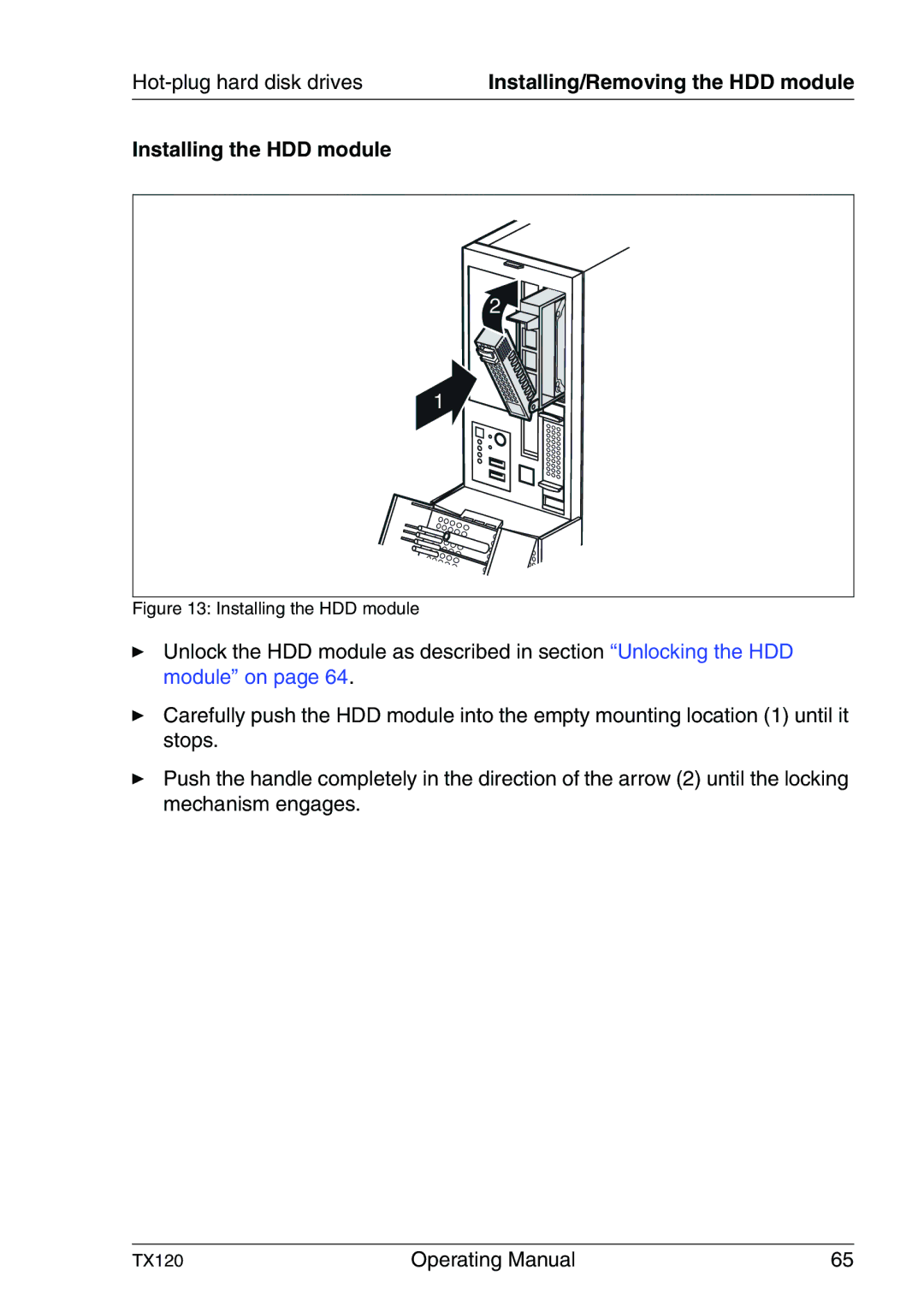 Fujitsu TX120 manual Installing the HDD module 