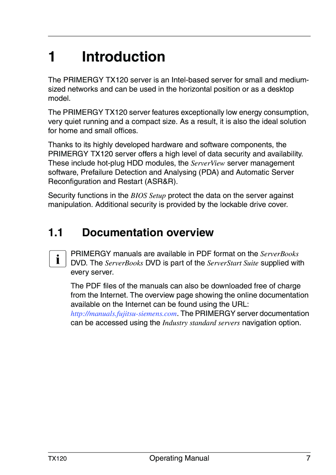 Fujitsu TX120 manual Introduction, Documentation overview 