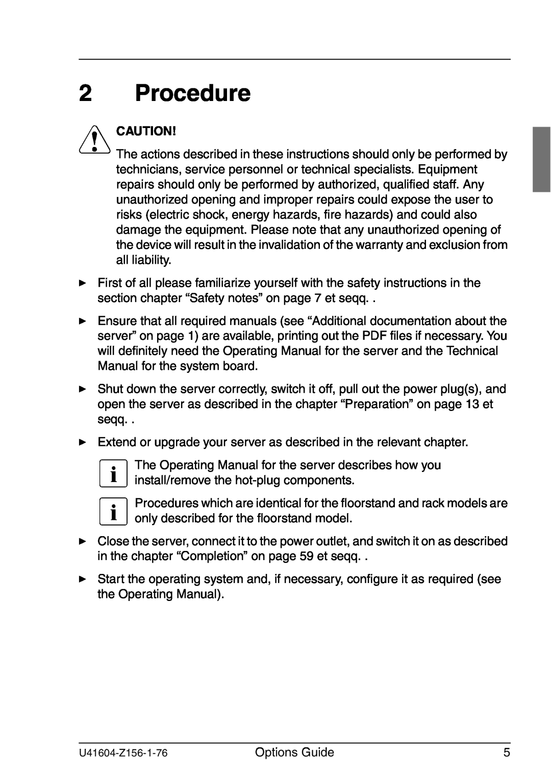 Fujitsu TX150 S3 manual Procedure, V Caution 