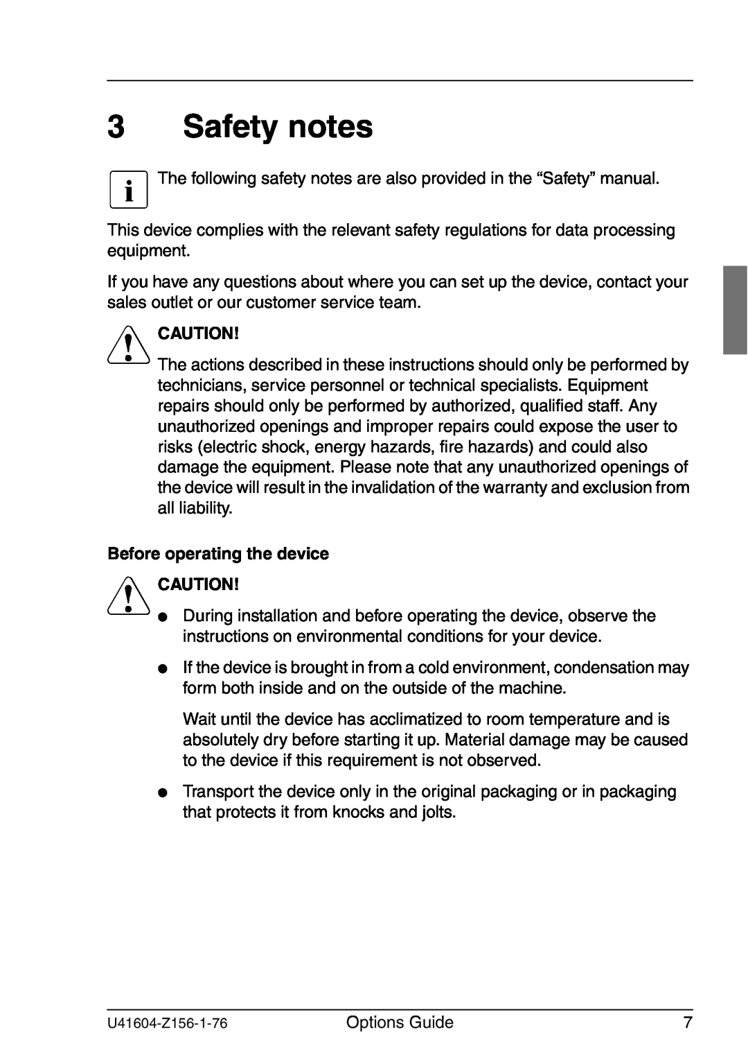 Fujitsu TX150 S3 manual Safety notes, Before operating the device V CAUTION, V Caution 