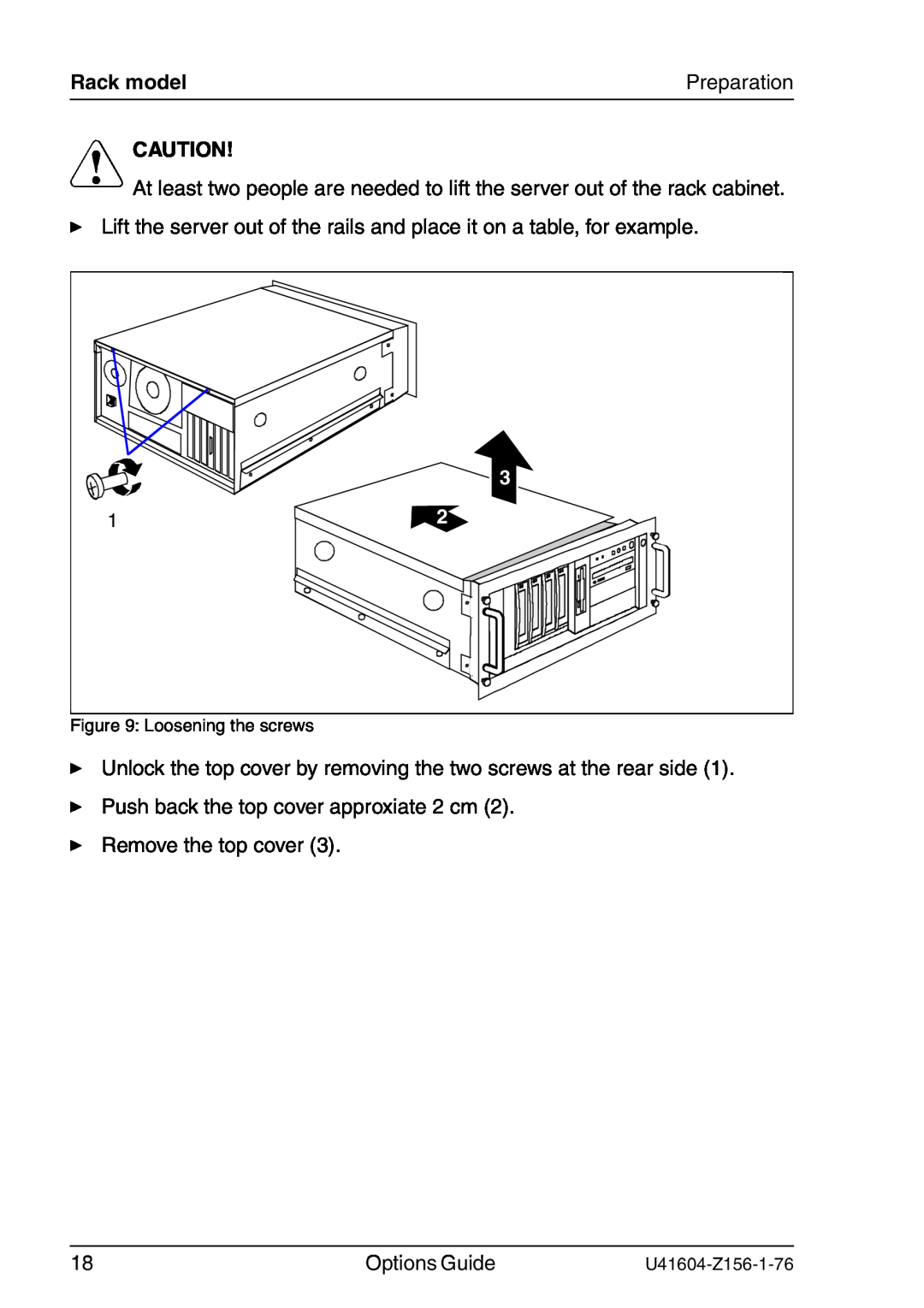 Fujitsu TX150 S3 manual Rack model, V Caution, Preparation, Loosening the screws 