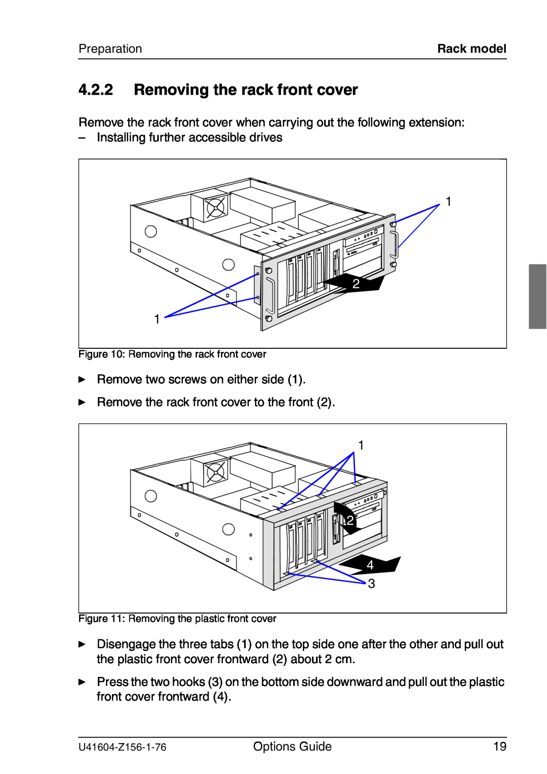 Fujitsu TX150 S3 manual Removing the rack front cover, Preparation, Rack model 