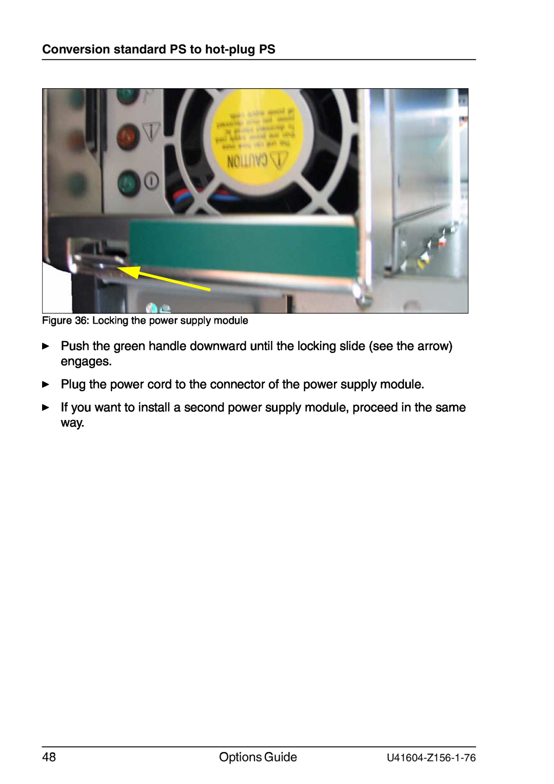 Fujitsu TX150 S3 manual Conversion standard PS to hot-plug PS, Locking the power supply module 