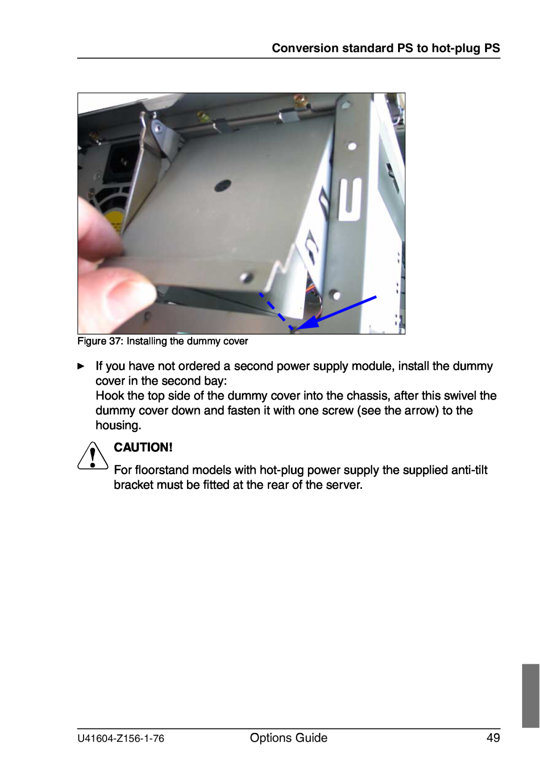 Fujitsu TX150 S3 manual Conversion standard PS to hot-plug PS, V Caution 