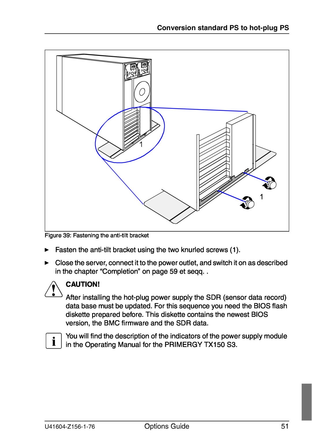 Fujitsu TX150 S3 manual Conversion standard PS to hot-plug PS, V Caution 