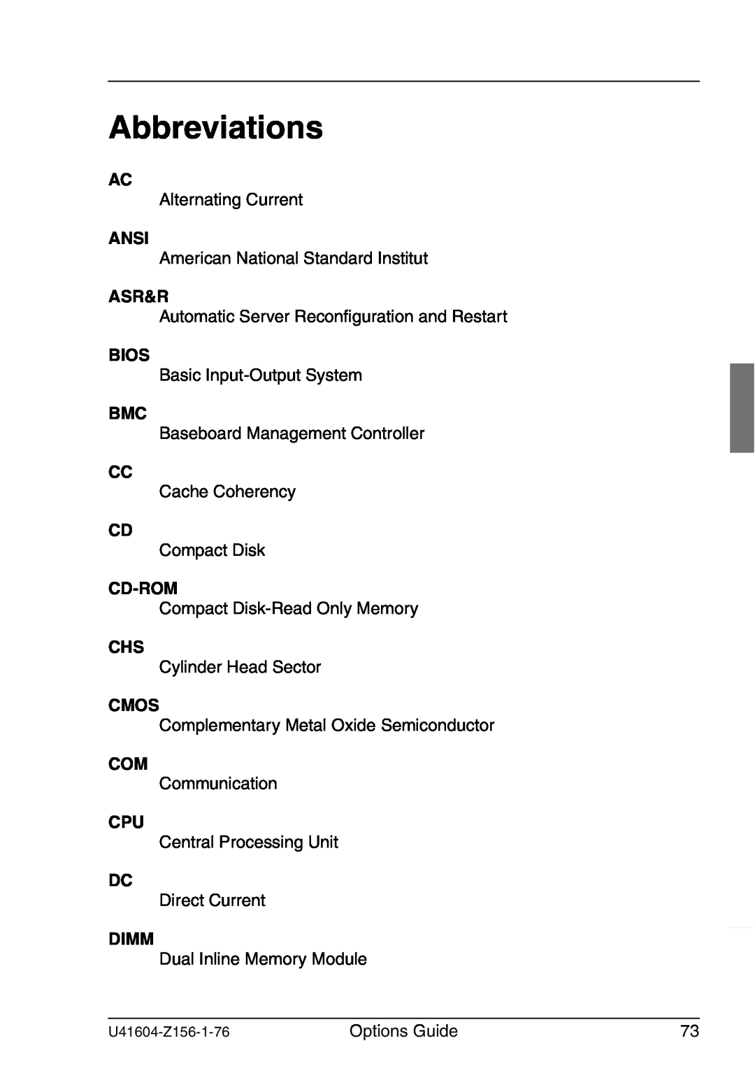 Fujitsu TX150 S3 manual Abbreviations, Ansi, Asr&R, Bios, Cd-Rom, Cmos, Dimm 